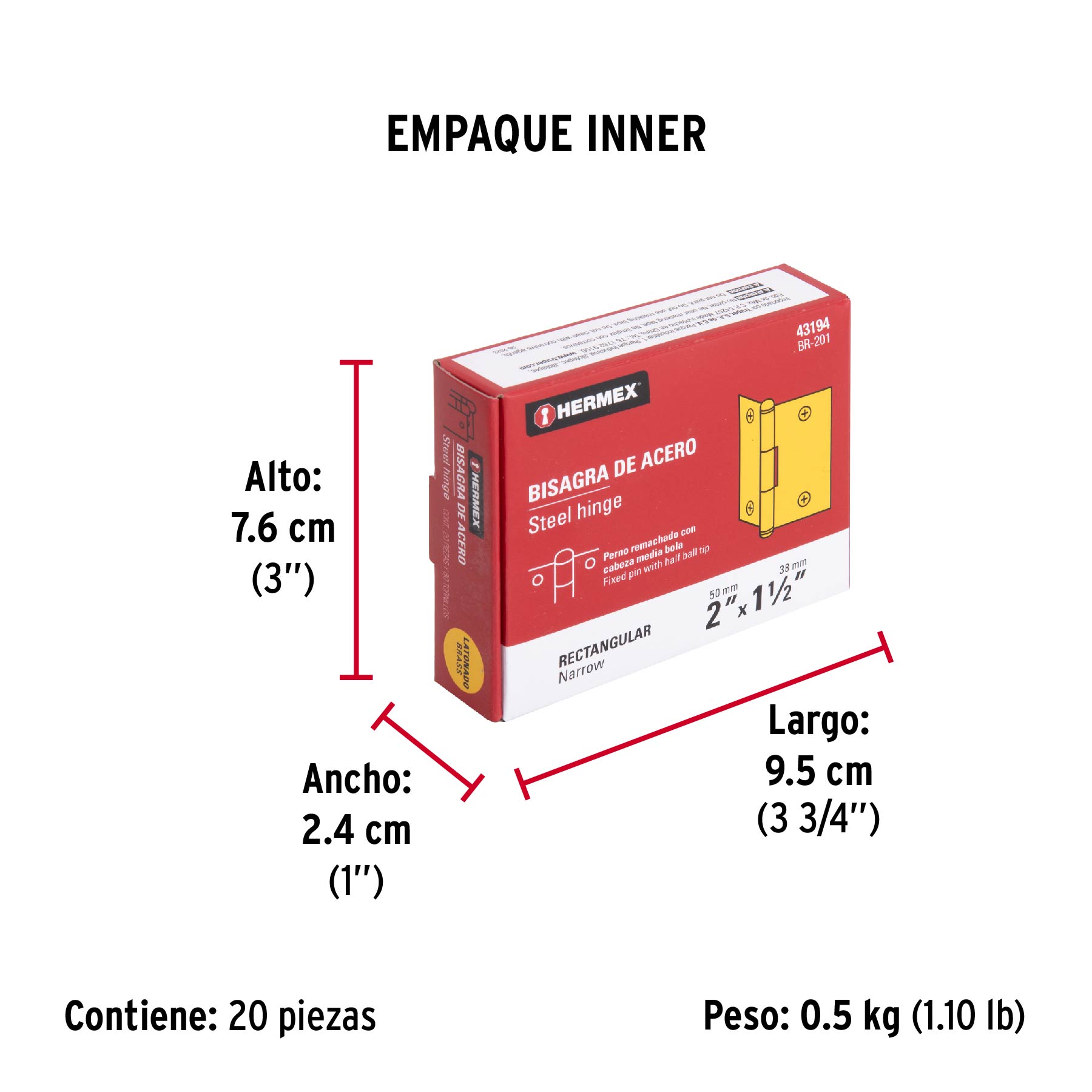 Bisagra rectangular 2" acero latonado, HERMEX - Empaque