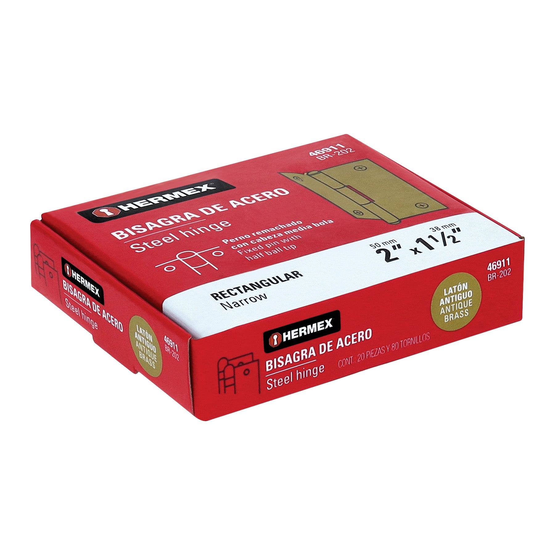 Bisagra rectangular 2" latón antiguo, HERMEX