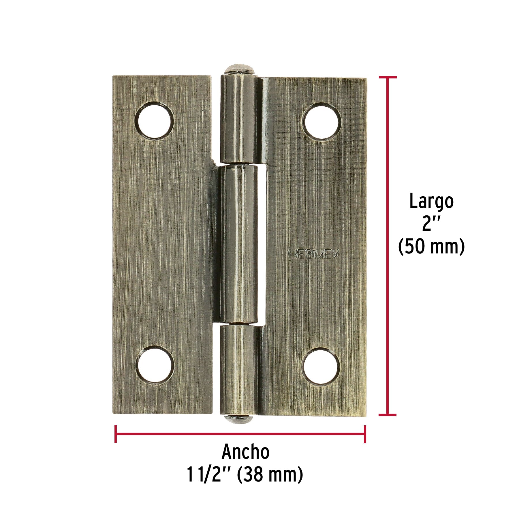 Bisagra rectangular 2" latón antiguo, HERMEX