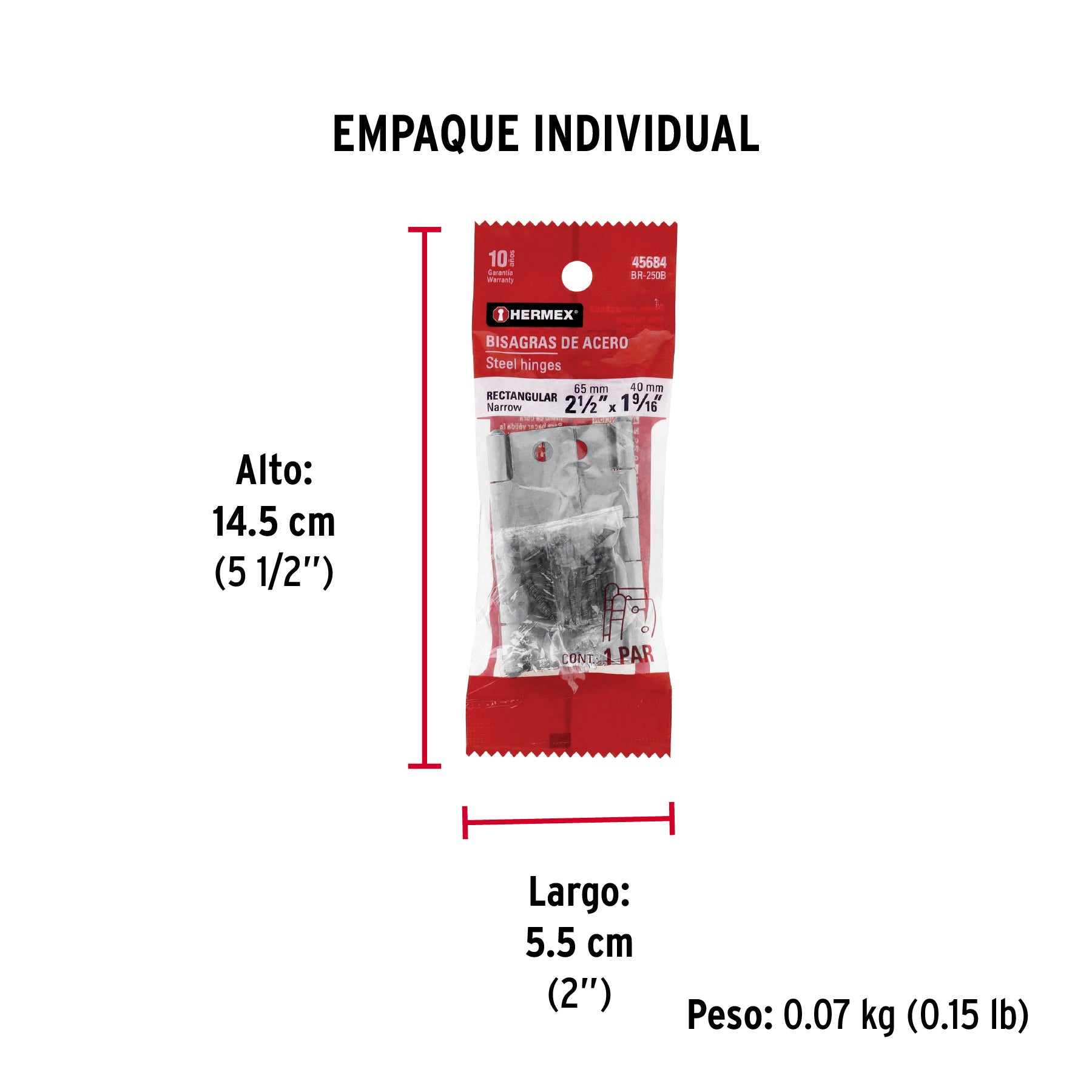 Bolsa con 2 bisagras rectangulares 2-1/2", acero pulido - Empaque