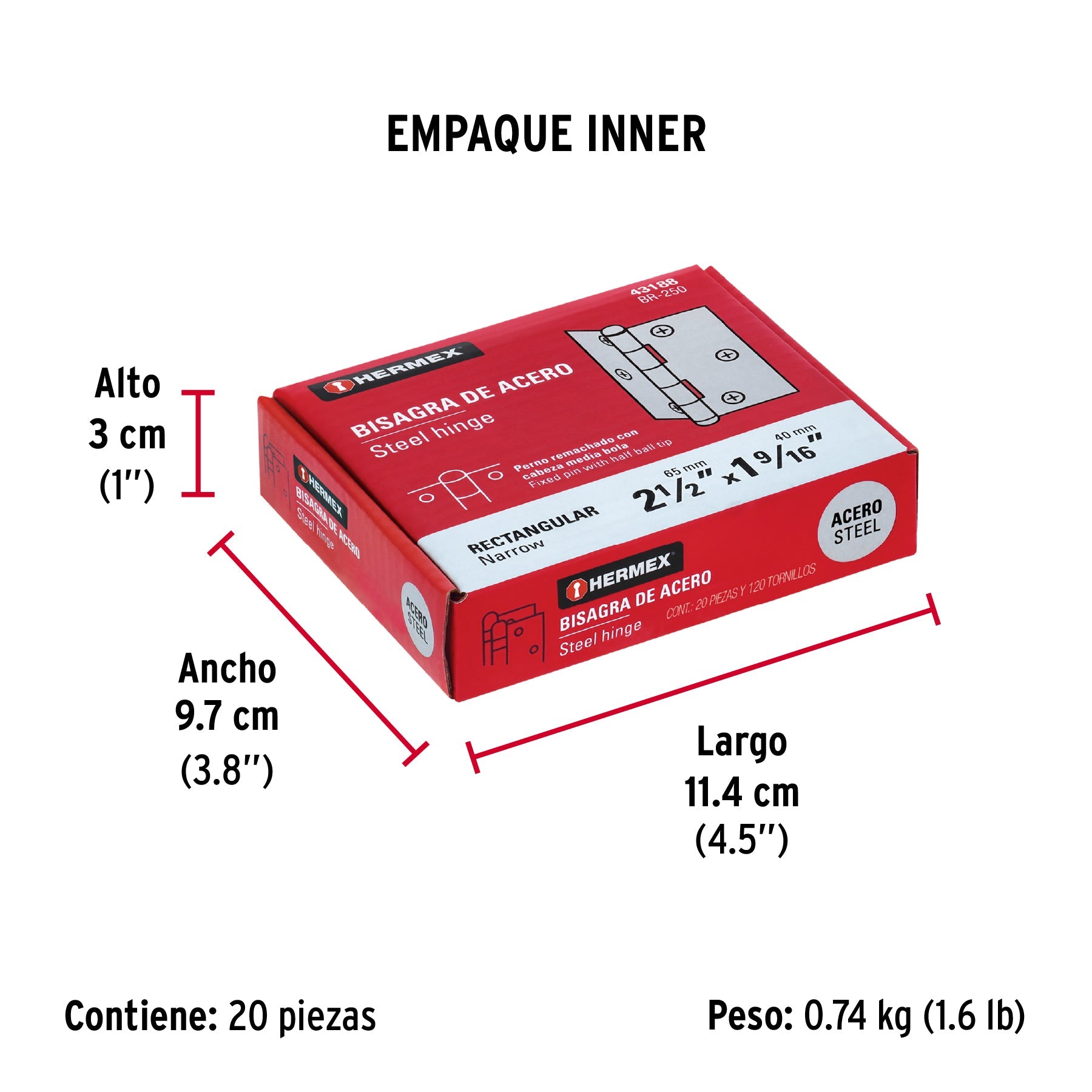Bisagra rectangular 2-1/2" acero pulido, HERMEX - Empaque