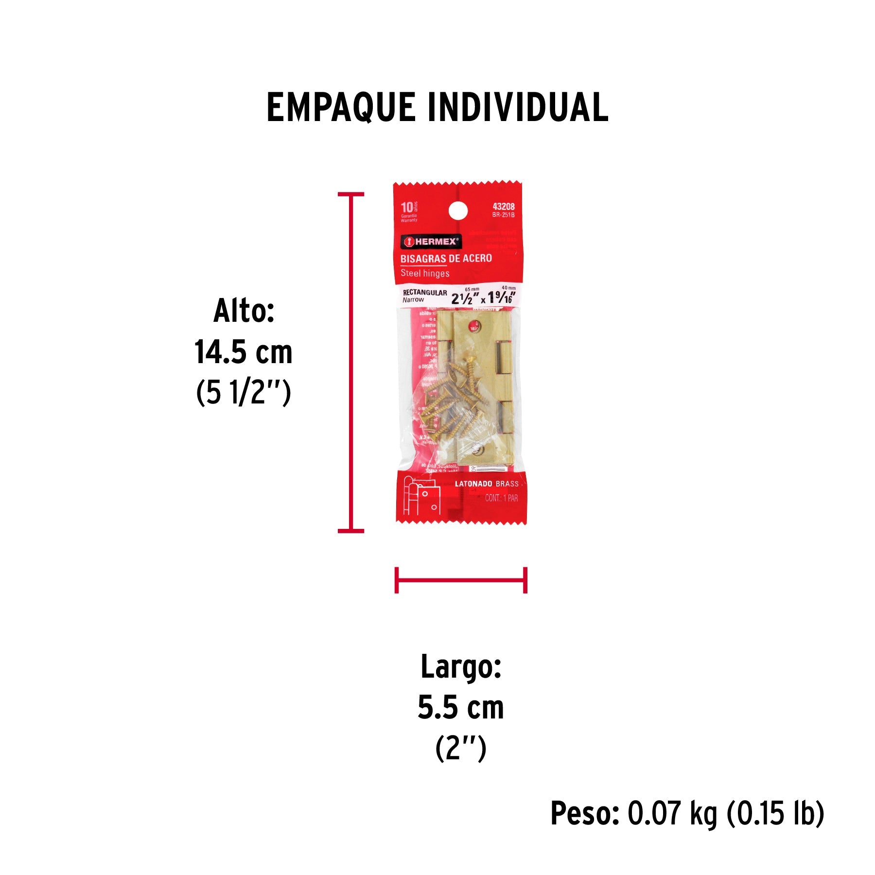 Bolsa con 2 bisagras rectangulares 2-1/2", acero latonado - Empaque