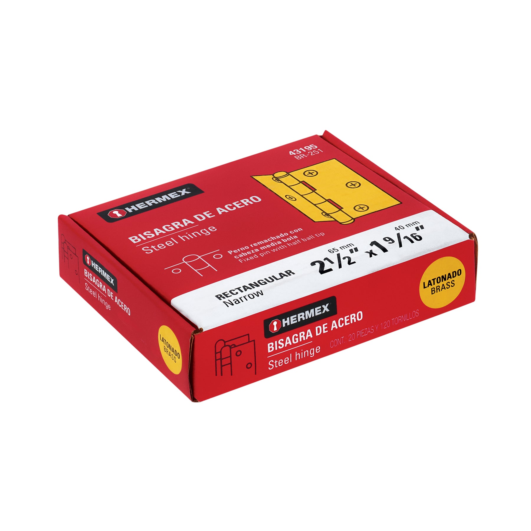 Bisagra rectangular 2-1/2" acero latonado, HERMEX