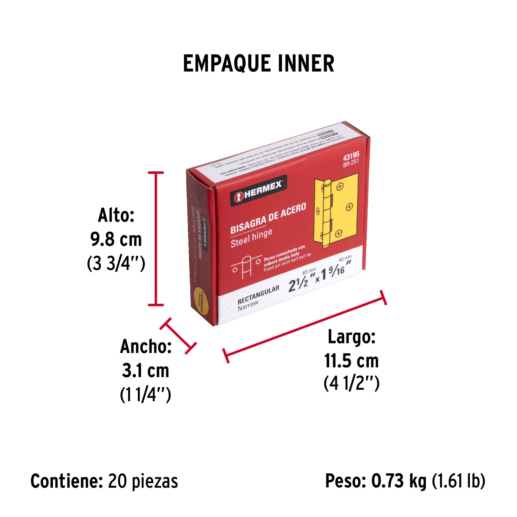 Bisagra rectangular 2-1/2" acero latonado, HERMEX - Empaque