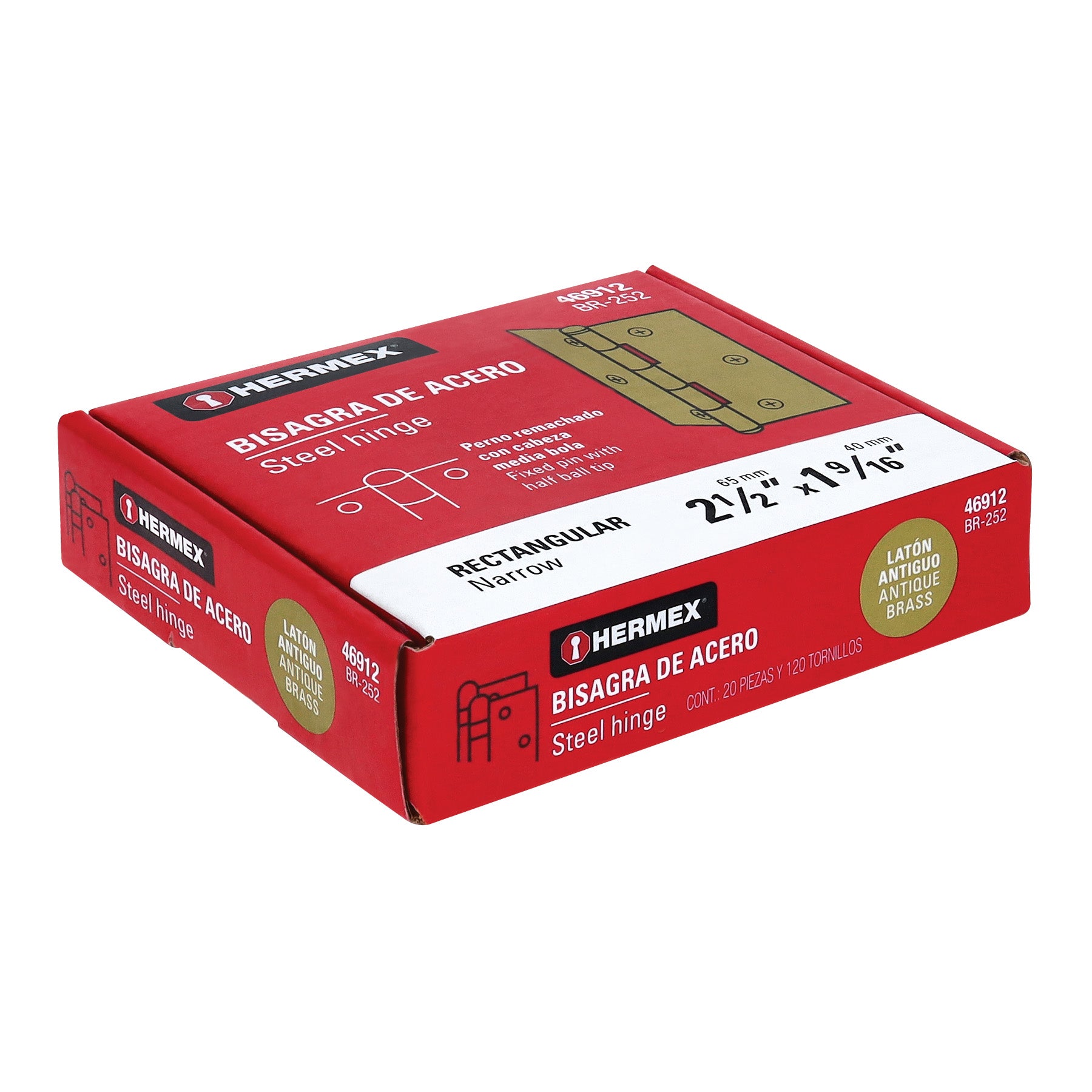 Bisagra rectangular 2-1/2" latón antiguo, HERMEX