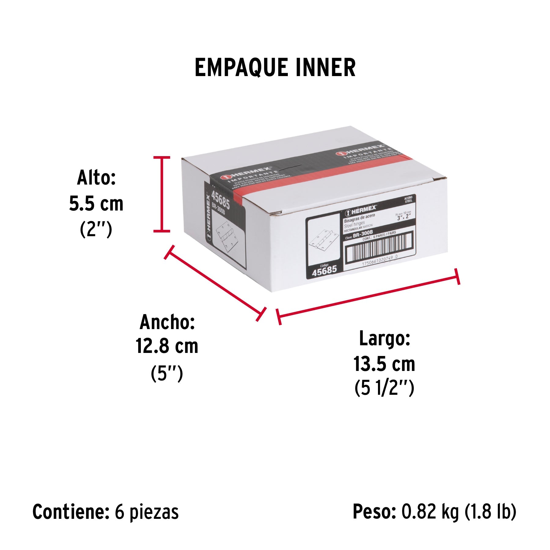 Bolsa con 2 bisagras rectangulares 3", acero pulido - Empaque