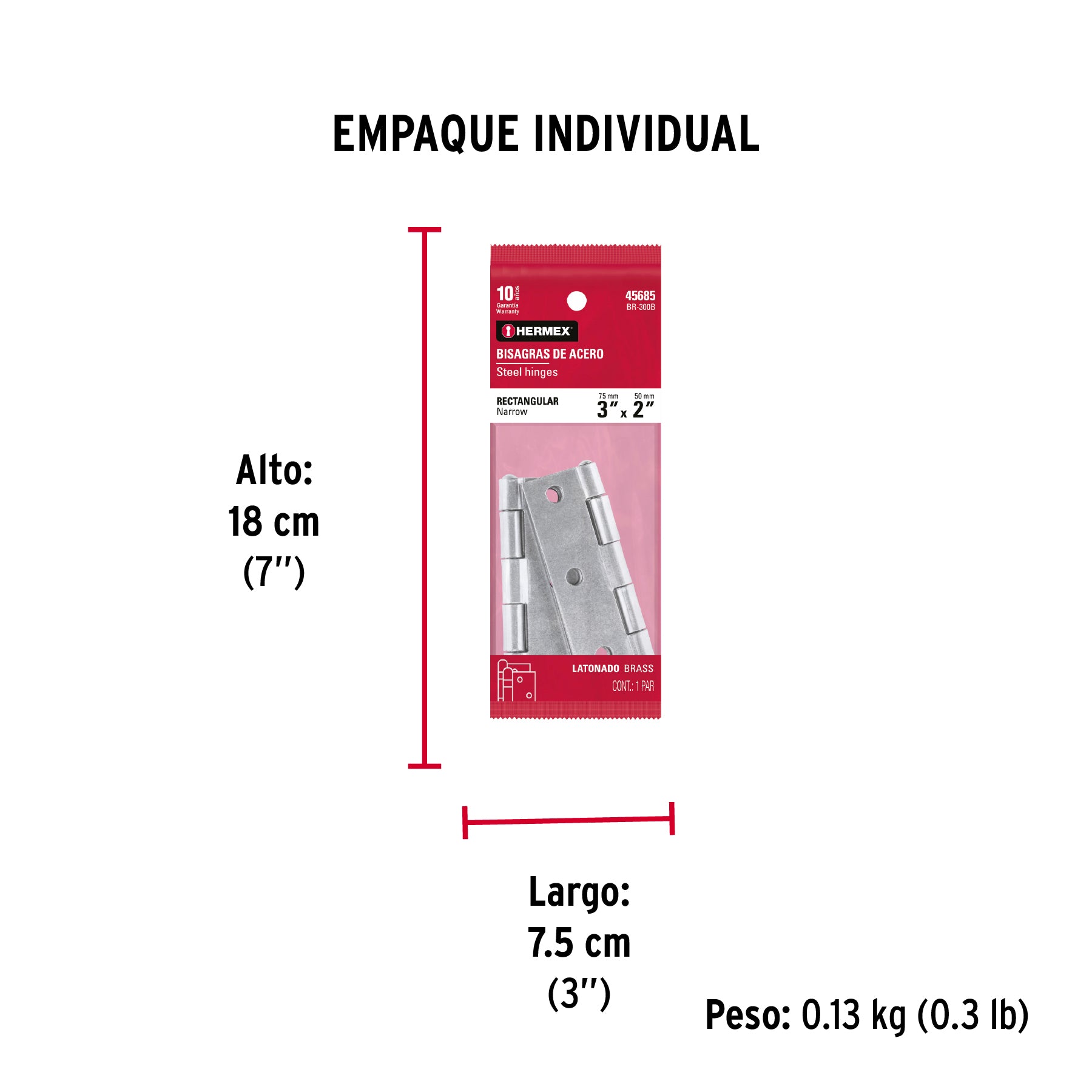 Bolsa con 2 bisagras rectangulares 3", acero pulido - Empaque