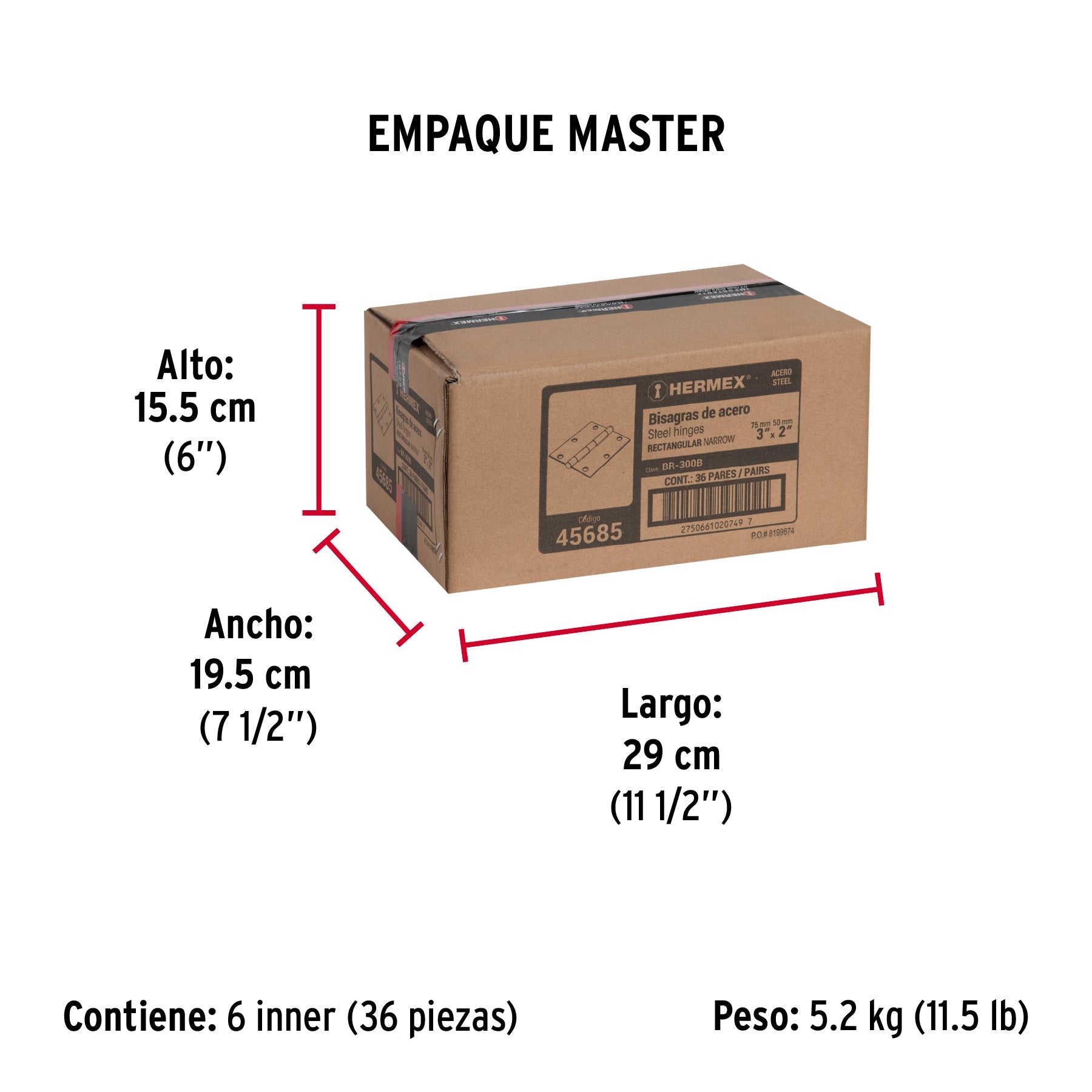 Bolsa con 2 bisagras rectangulares 3", acero pulido - Empaque