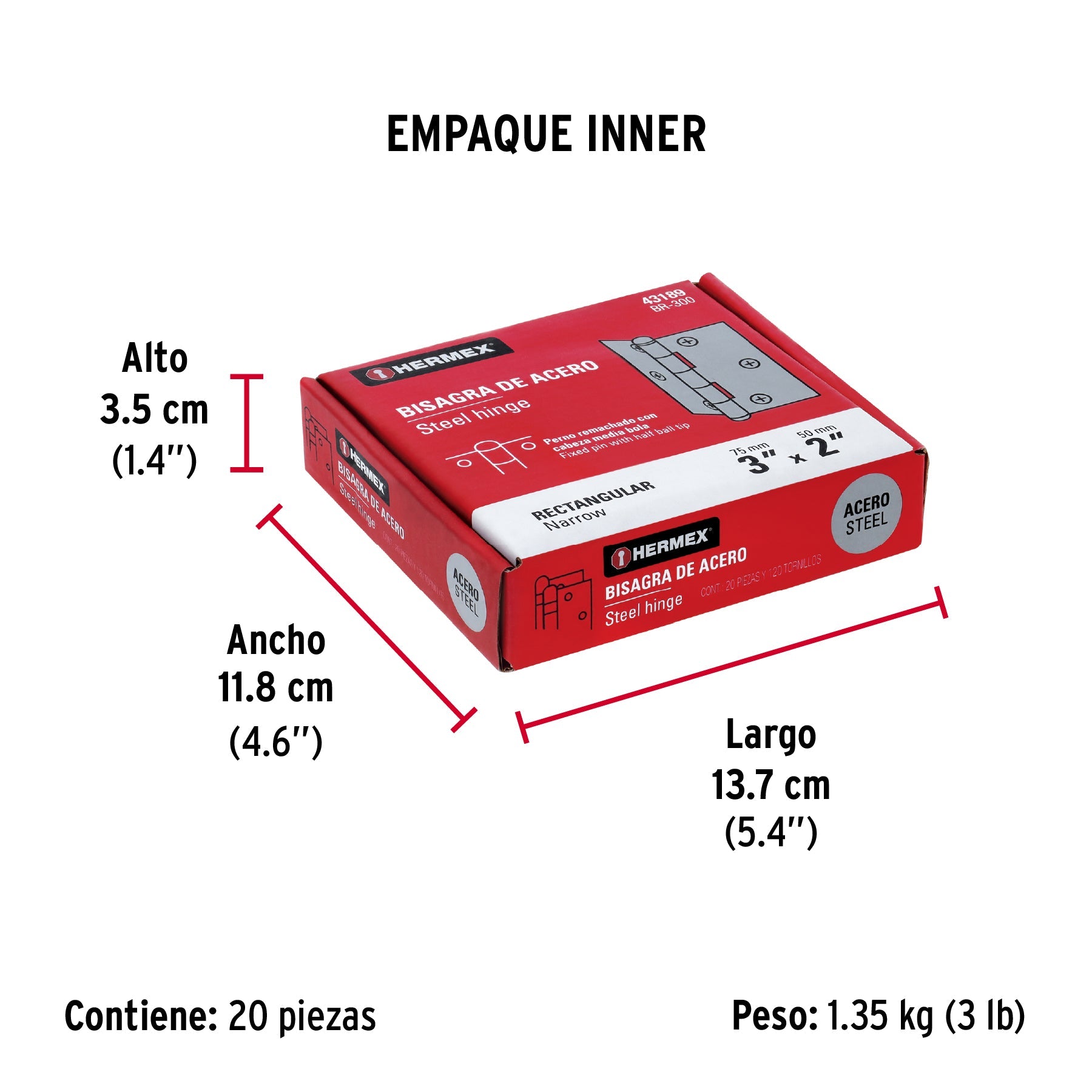 Bisagra rectangular 3" acero pulido, HERMEX - Empaque