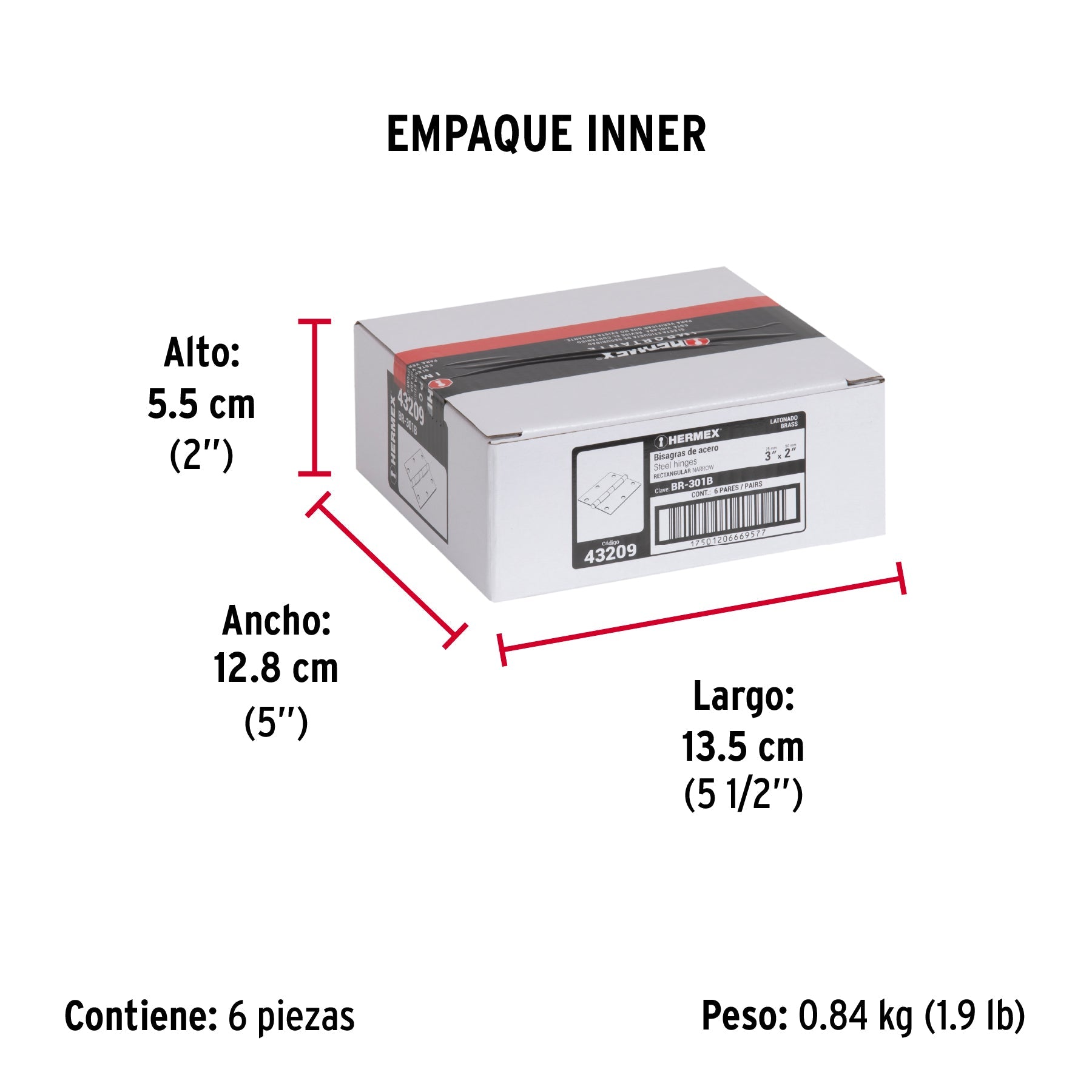 Bolsa con 2 bisagras rectangulares 3", acero latonado - Empaque