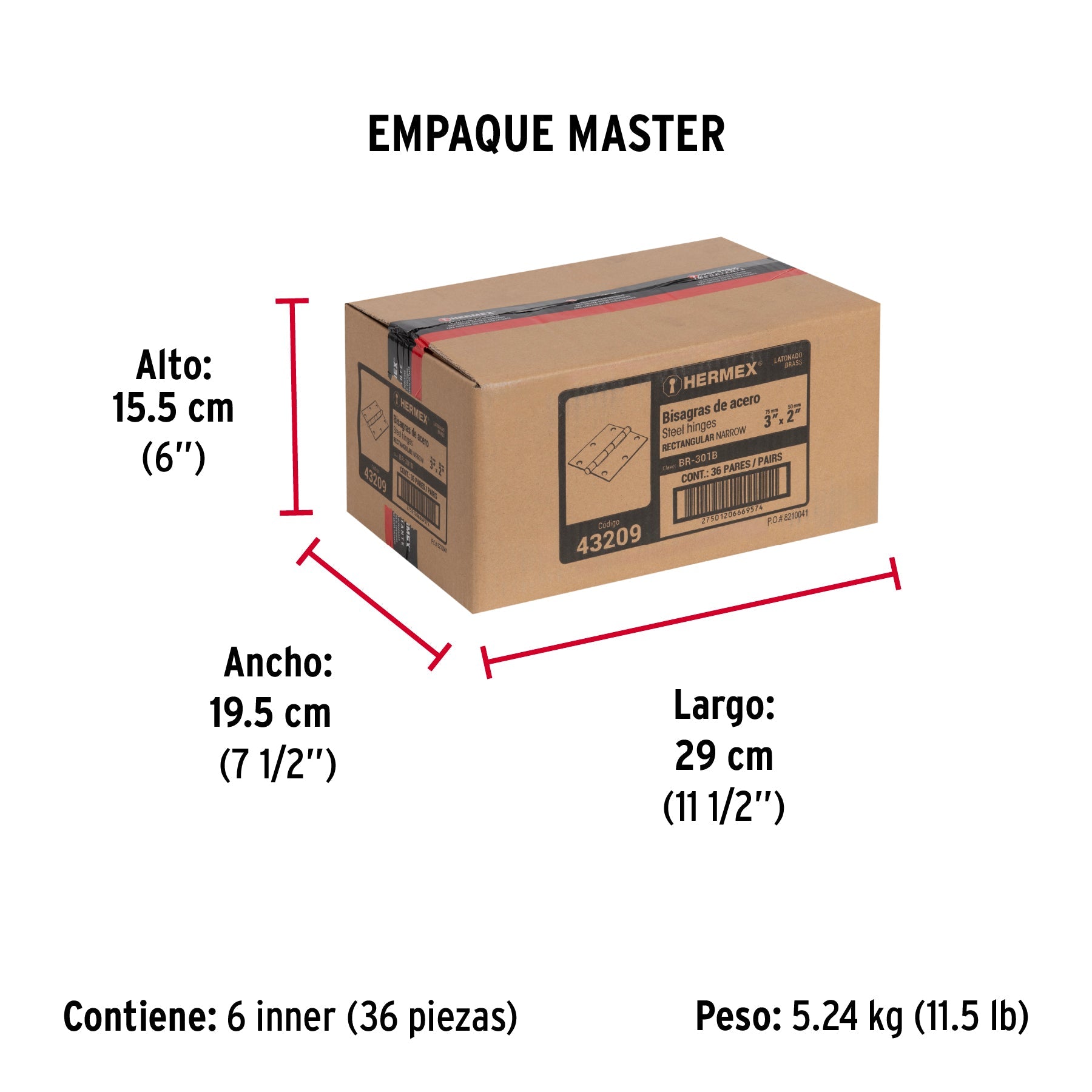 Bolsa con 2 bisagras rectangulares 3", acero latonado - Empaque