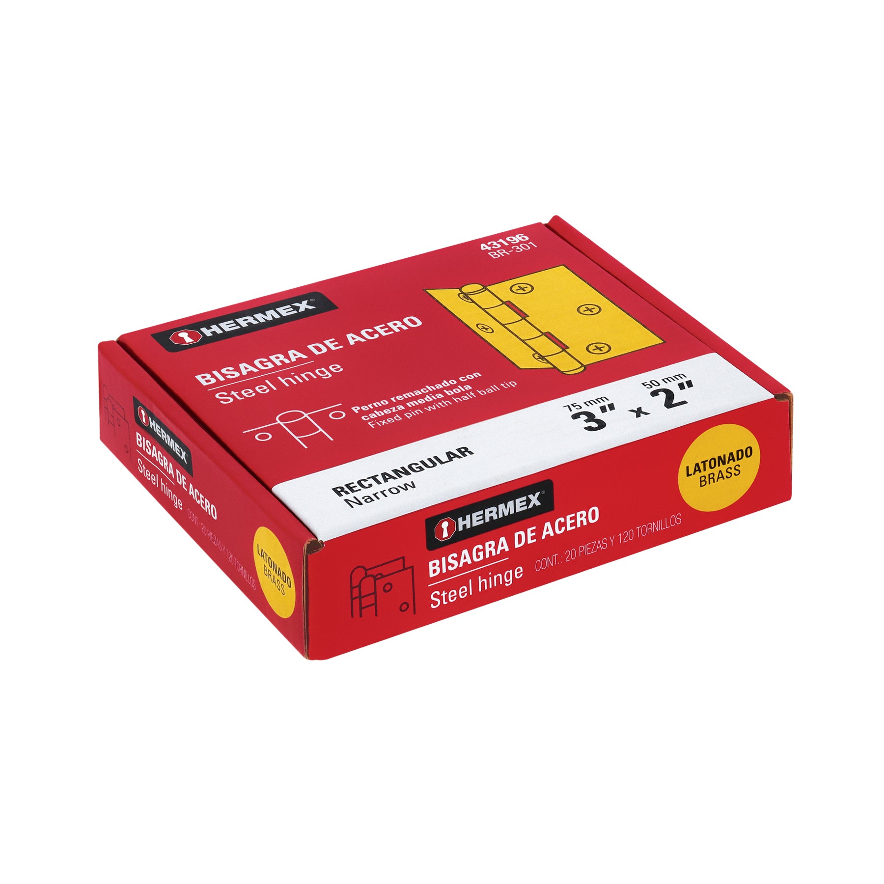 Bisagra rectangular 3" acero latonado, HERMEX