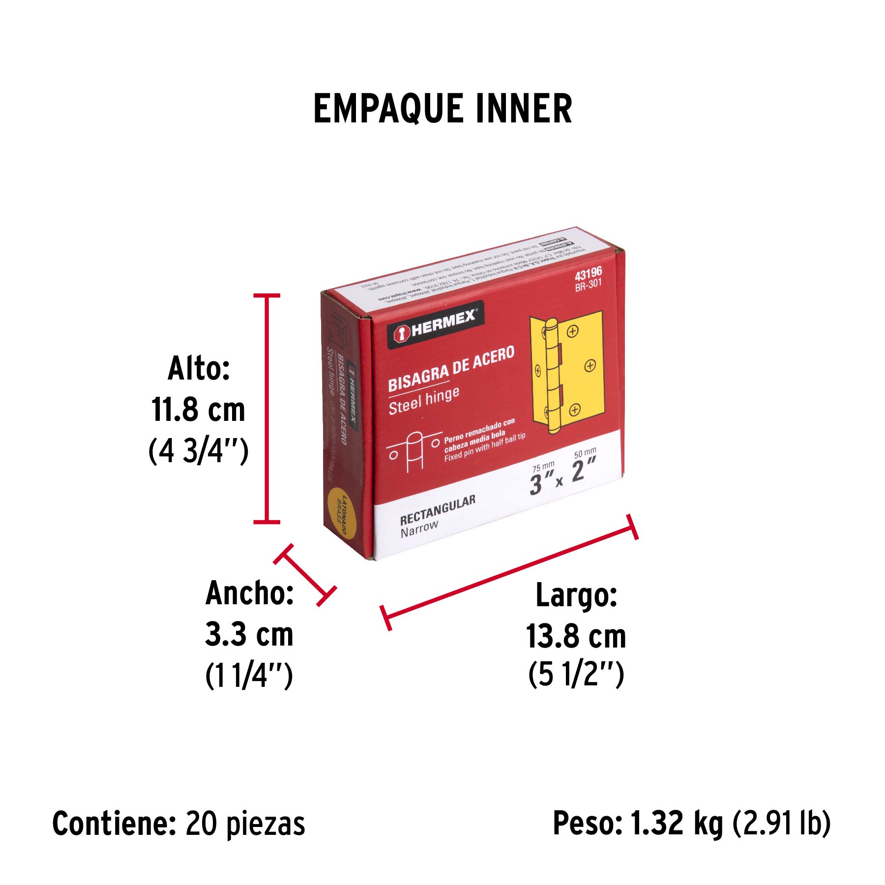 Bisagra rectangular 3" acero latonado, HERMEX - Empaque