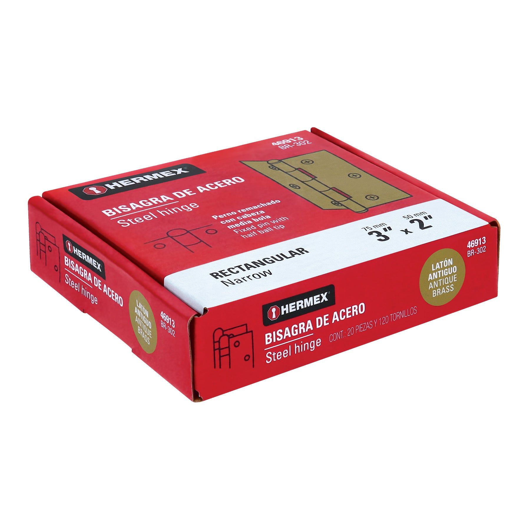 Bisagra rectangular 3" latón antiguo, HERMEX