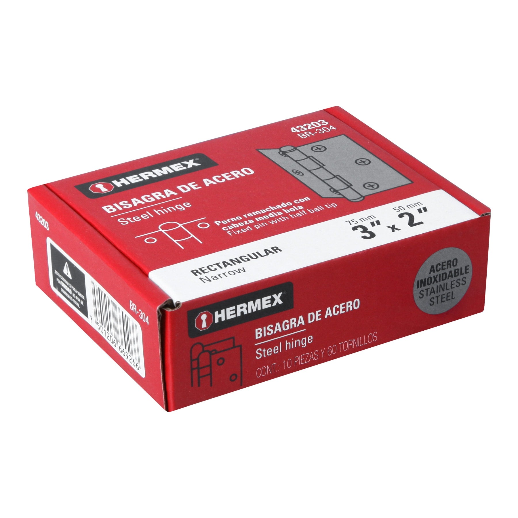 Bisagra rectangular 3" acero inoxidable, HERMEX