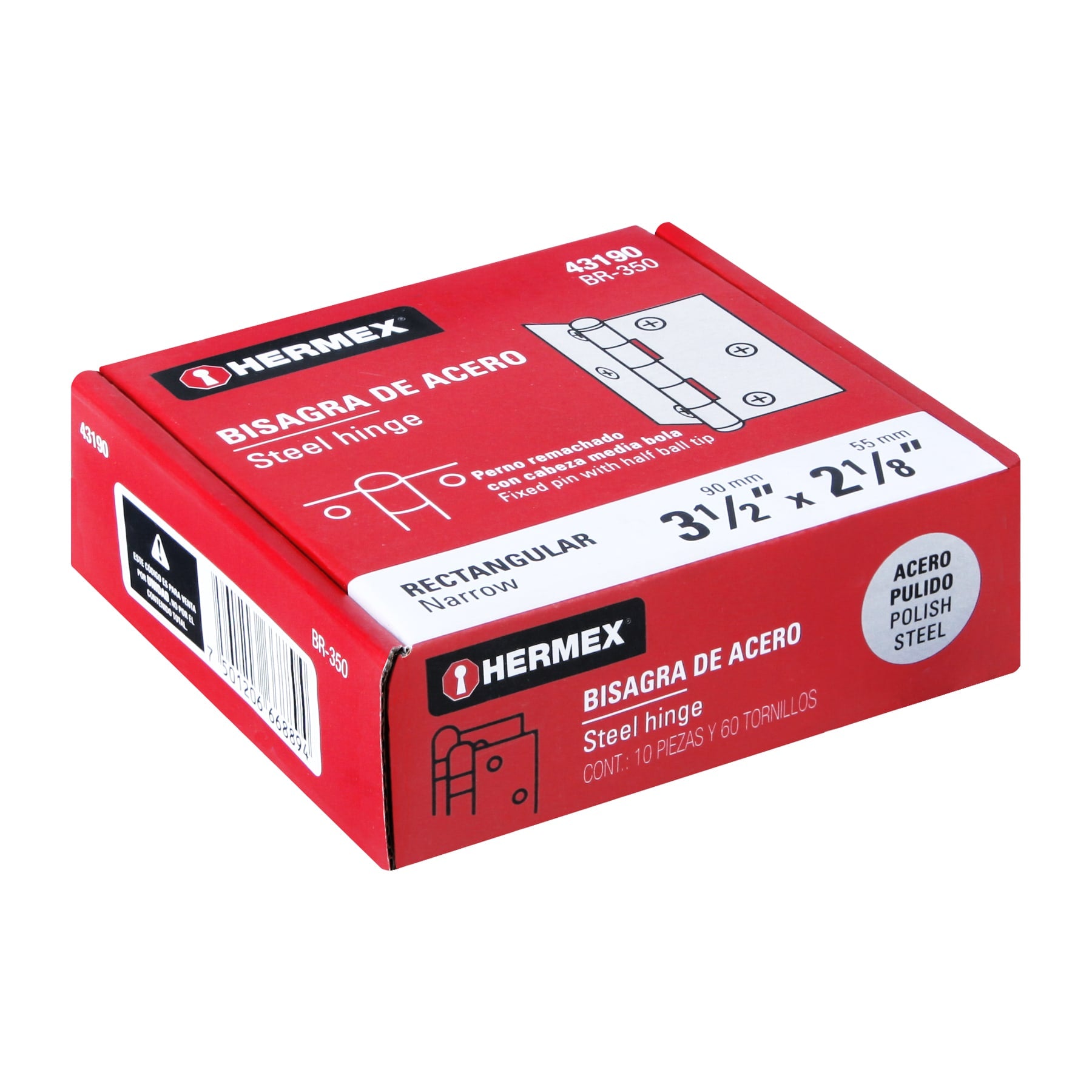 Bisagra rectangular 3-1/2" acero pulido, HERMEX