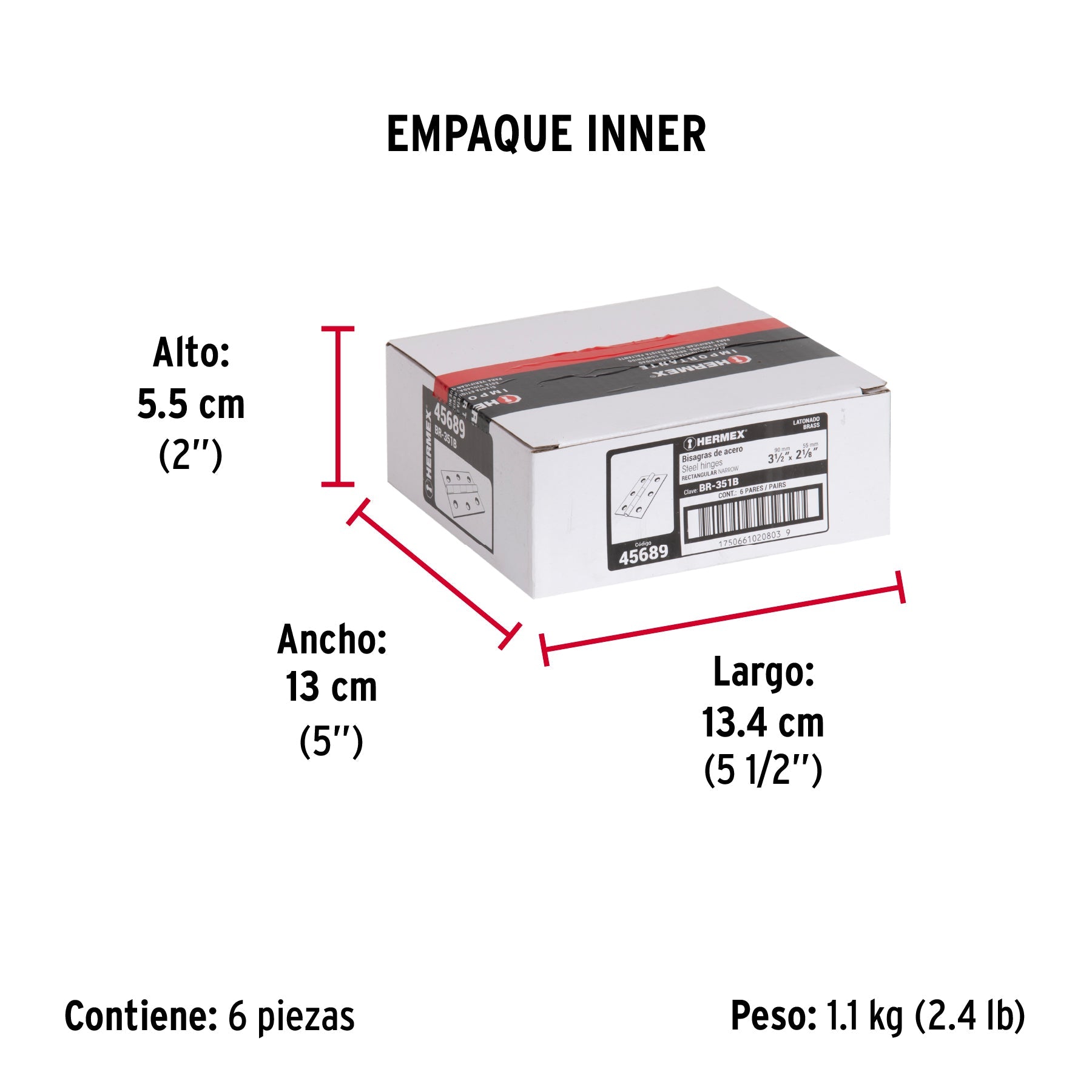 Bolsa con 2 bisagras rectangulares 3-1/2", acero latonado - Empaque