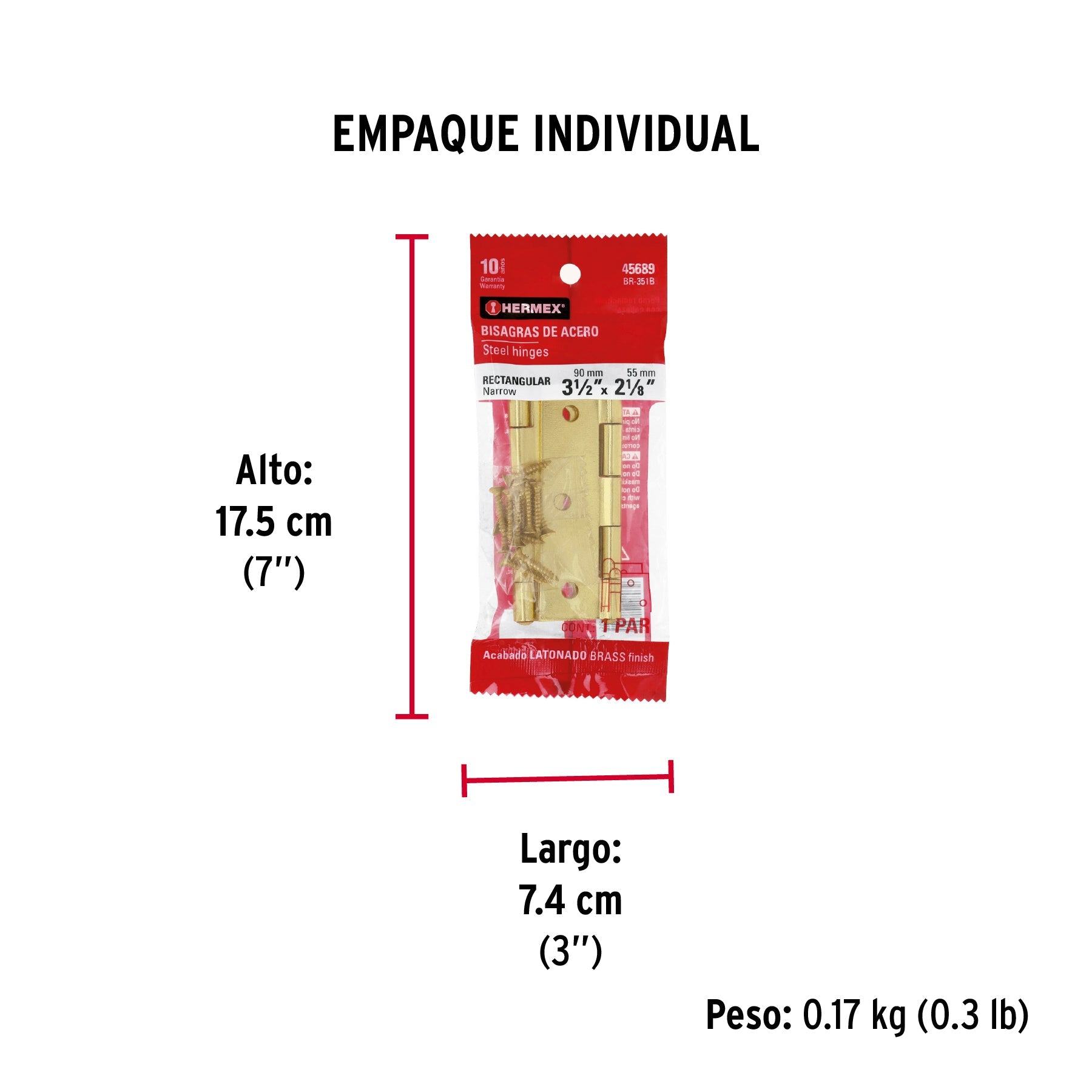 Bolsa con 2 bisagras rectangulares 3-1/2", acero latonado - Empaque