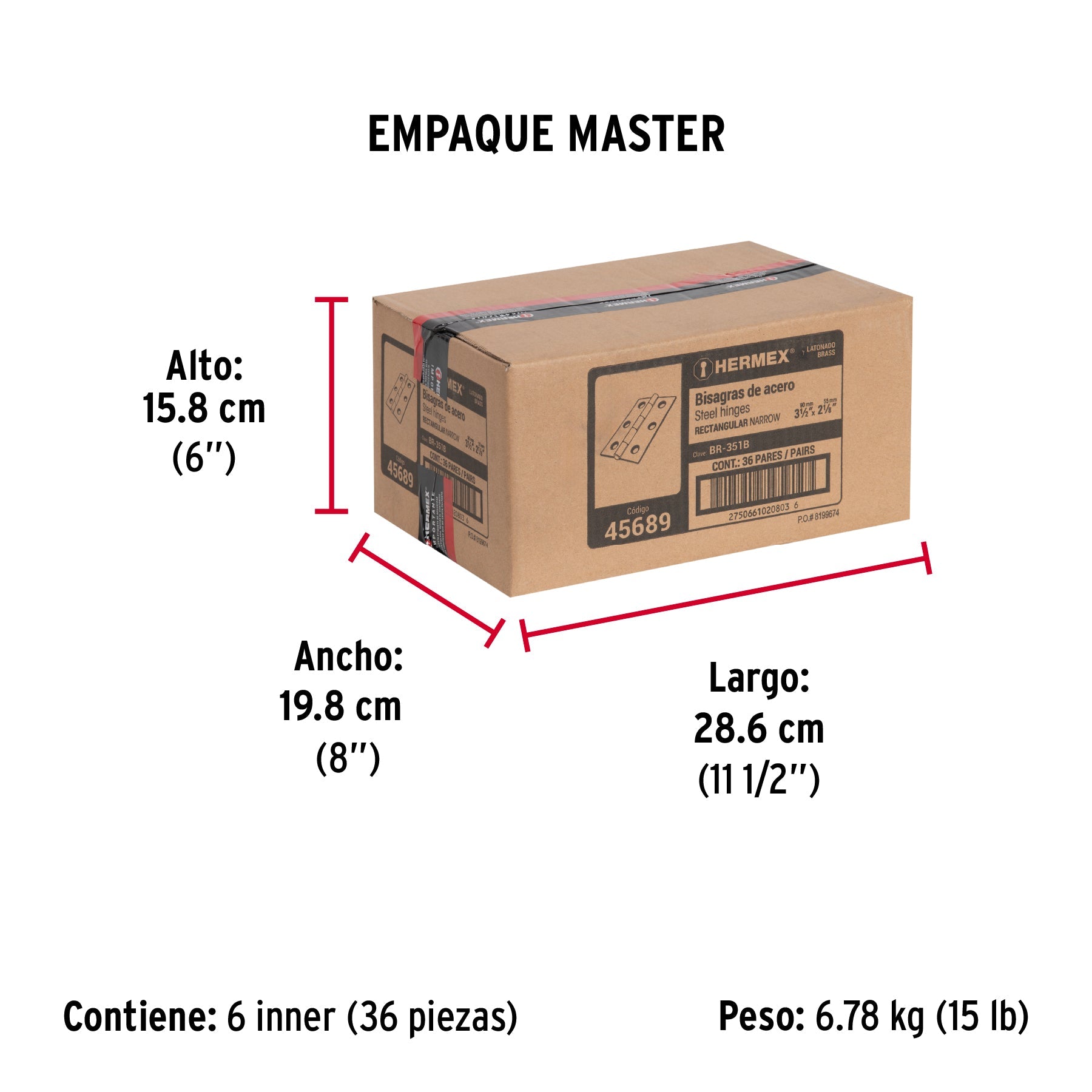 Bolsa con 2 bisagras rectangulares 3-1/2", acero latonado - Empaque