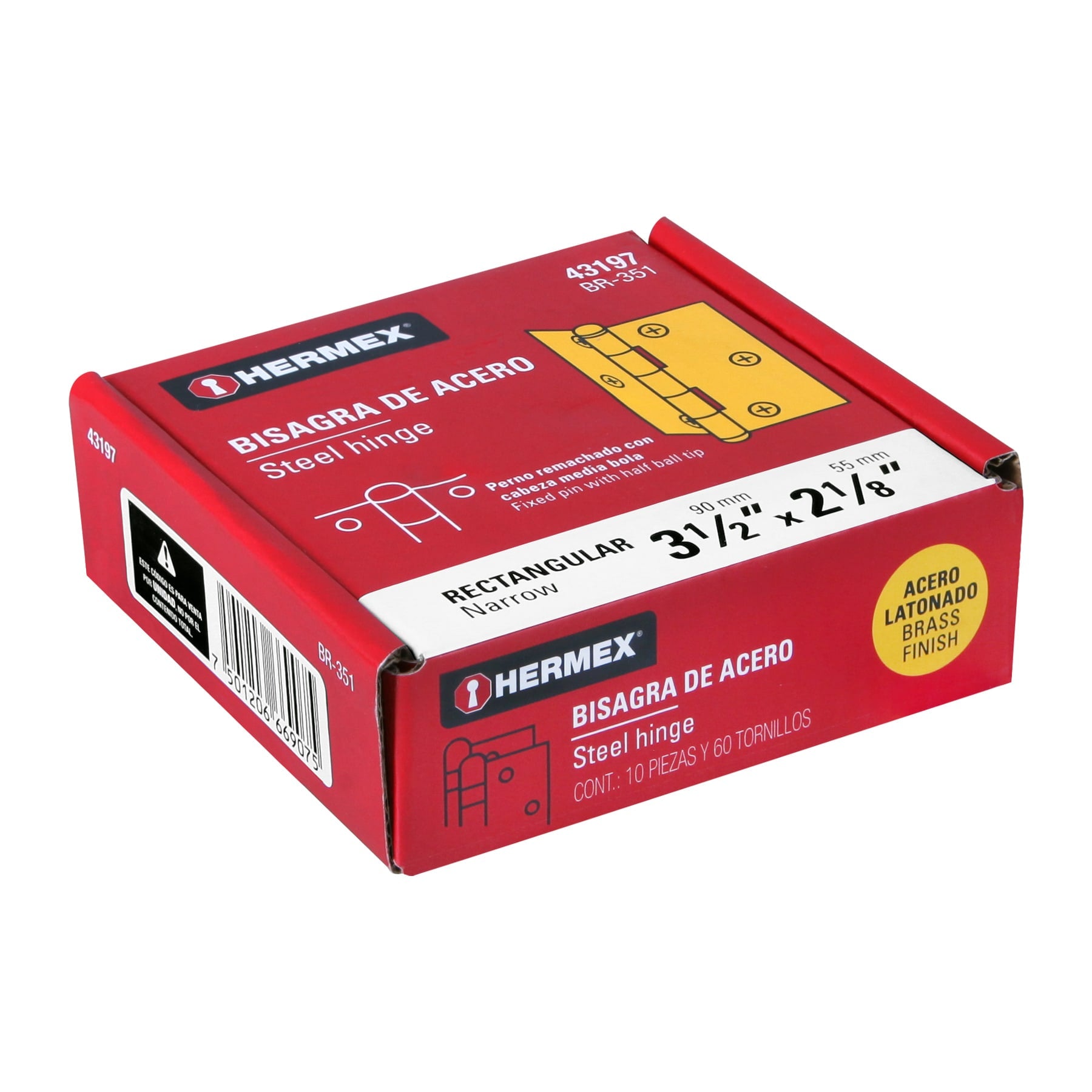 Bisagra rectangular 3-1/2" acero latonado, HERMEX