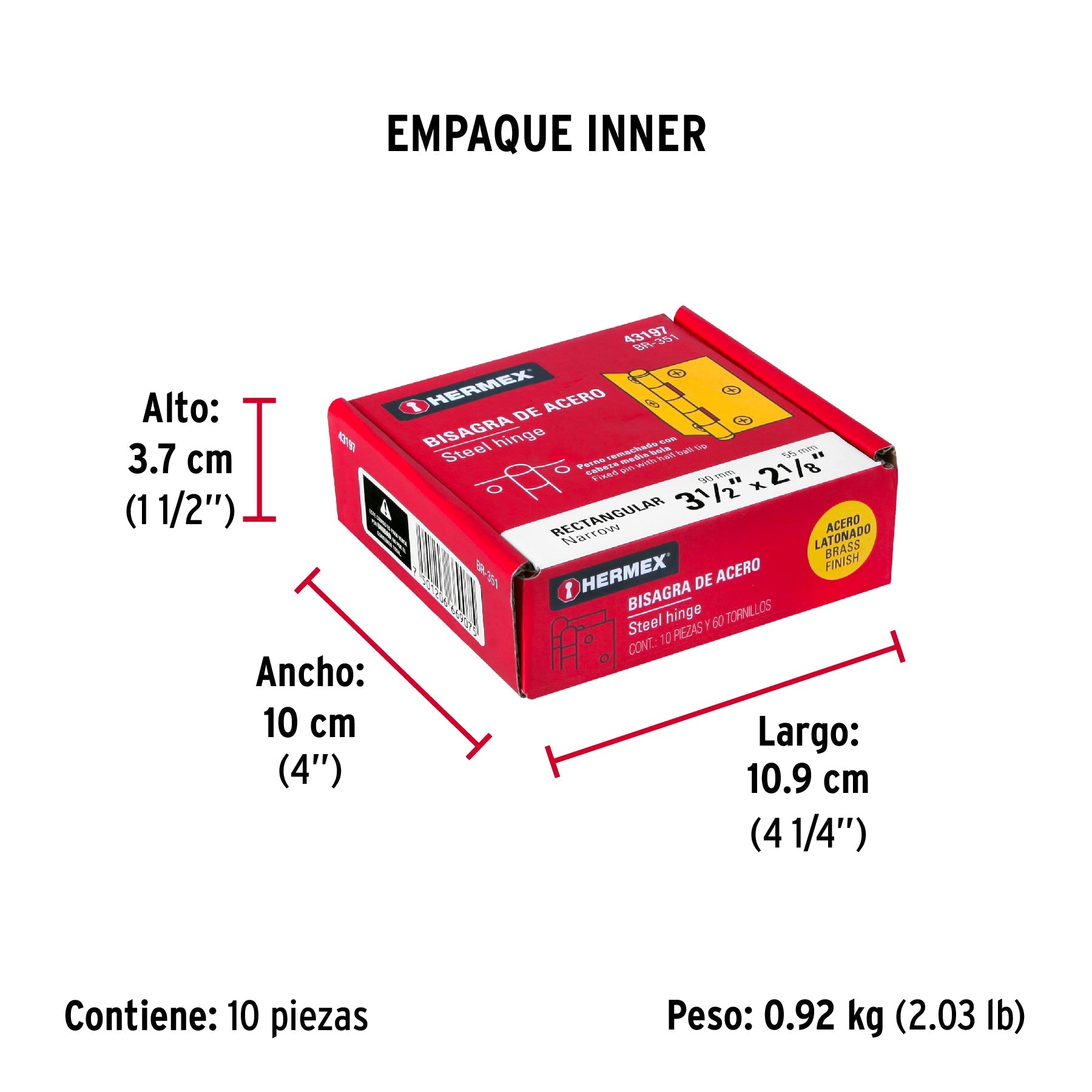 Bisagra rectangular 3-1/2" acero latonado, HERMEX - Empaque