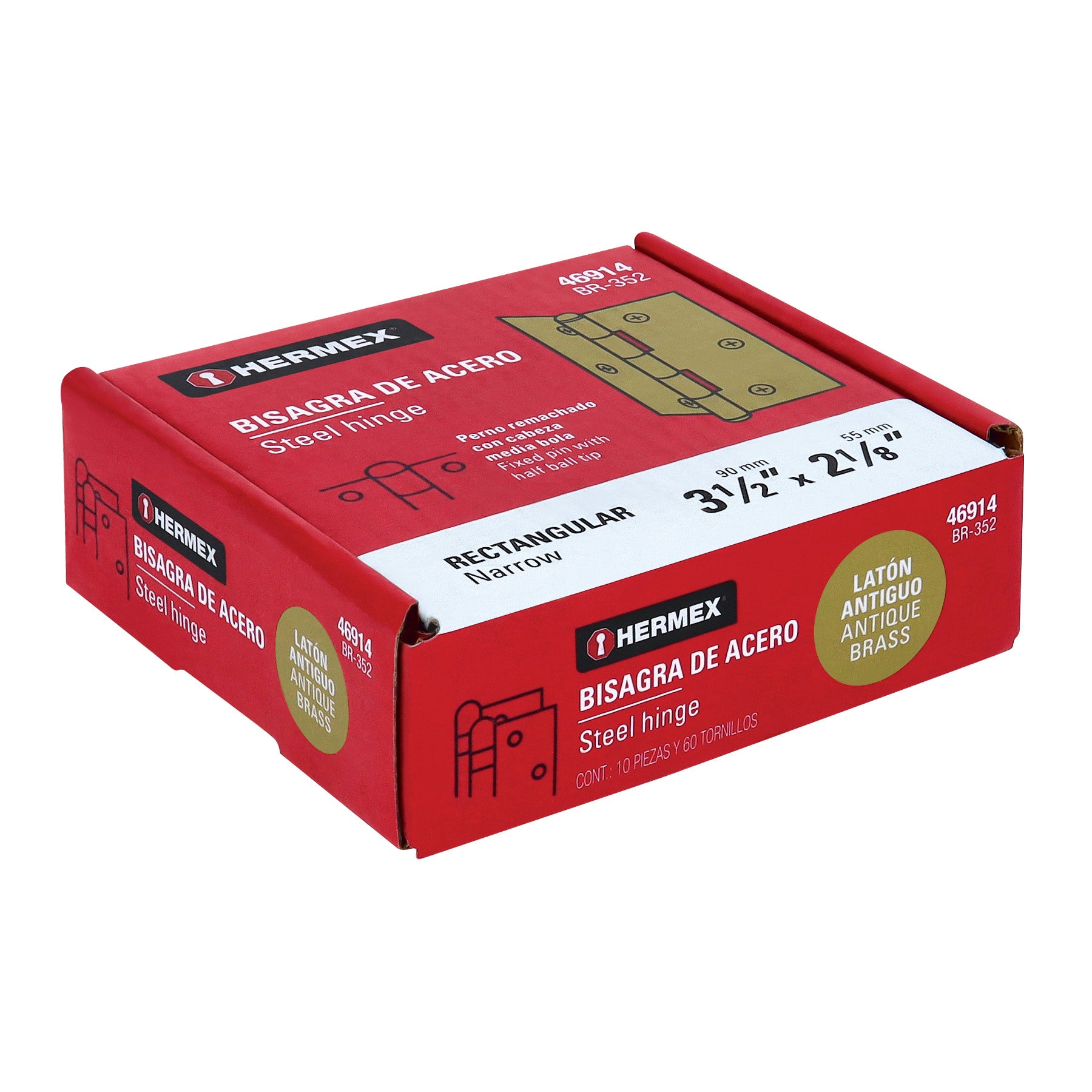 Bisagra rectangular 3-1/2" latón antiguo, HERMEX