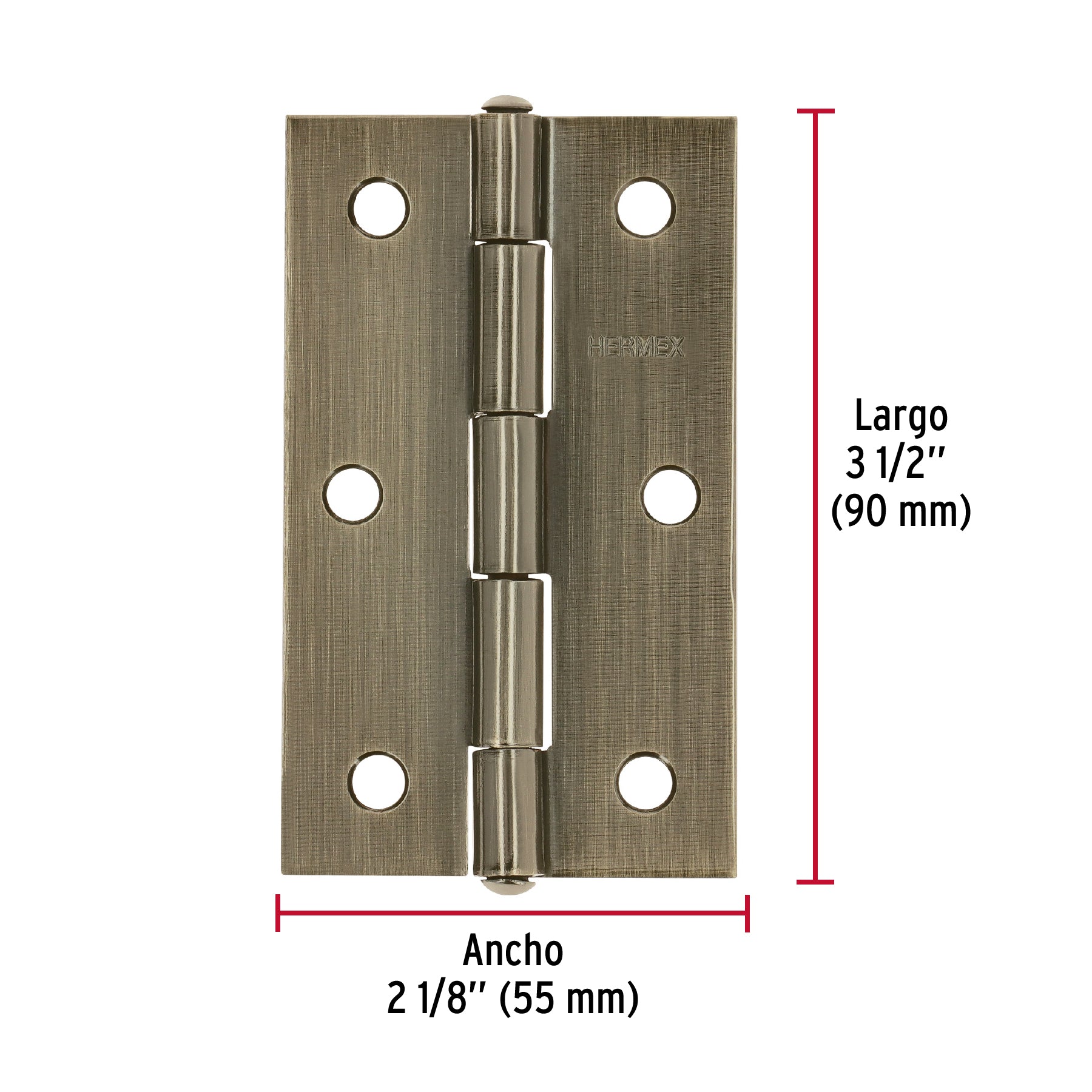 Bisagra rectangular 3-1/2" latón antiguo, HERMEX