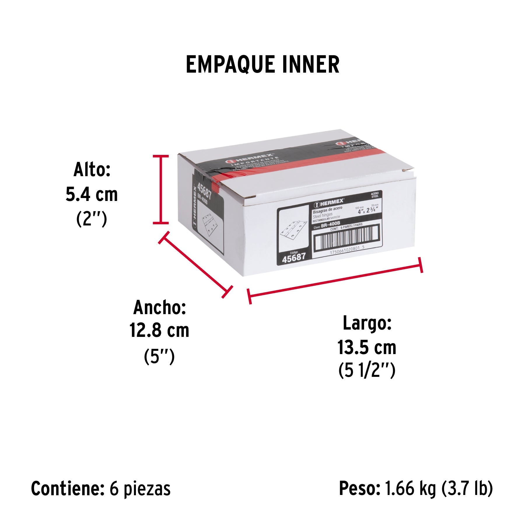 Bolsa con 2 bisagras rectangulares 4", acero pulido - Empaque