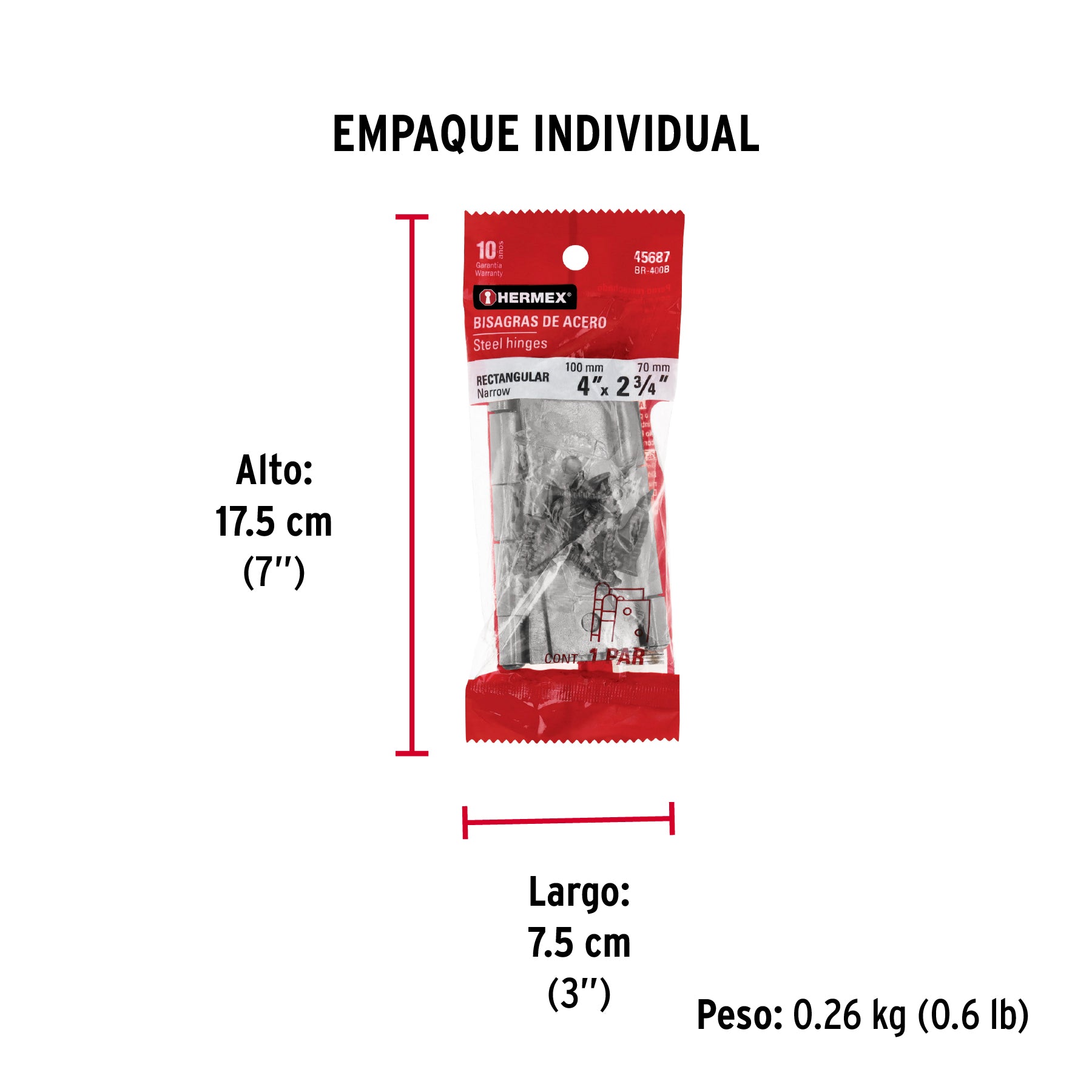 Bolsa con 2 bisagras rectangulares 4", acero pulido - Empaque