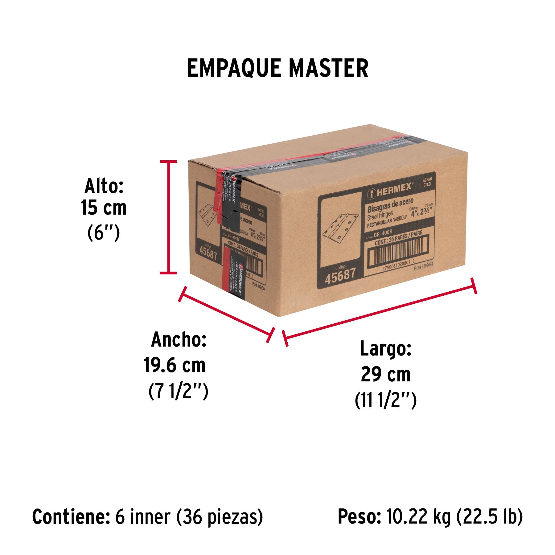 Bolsa con 2 bisagras rectangulares 4", acero pulido - Empaque
