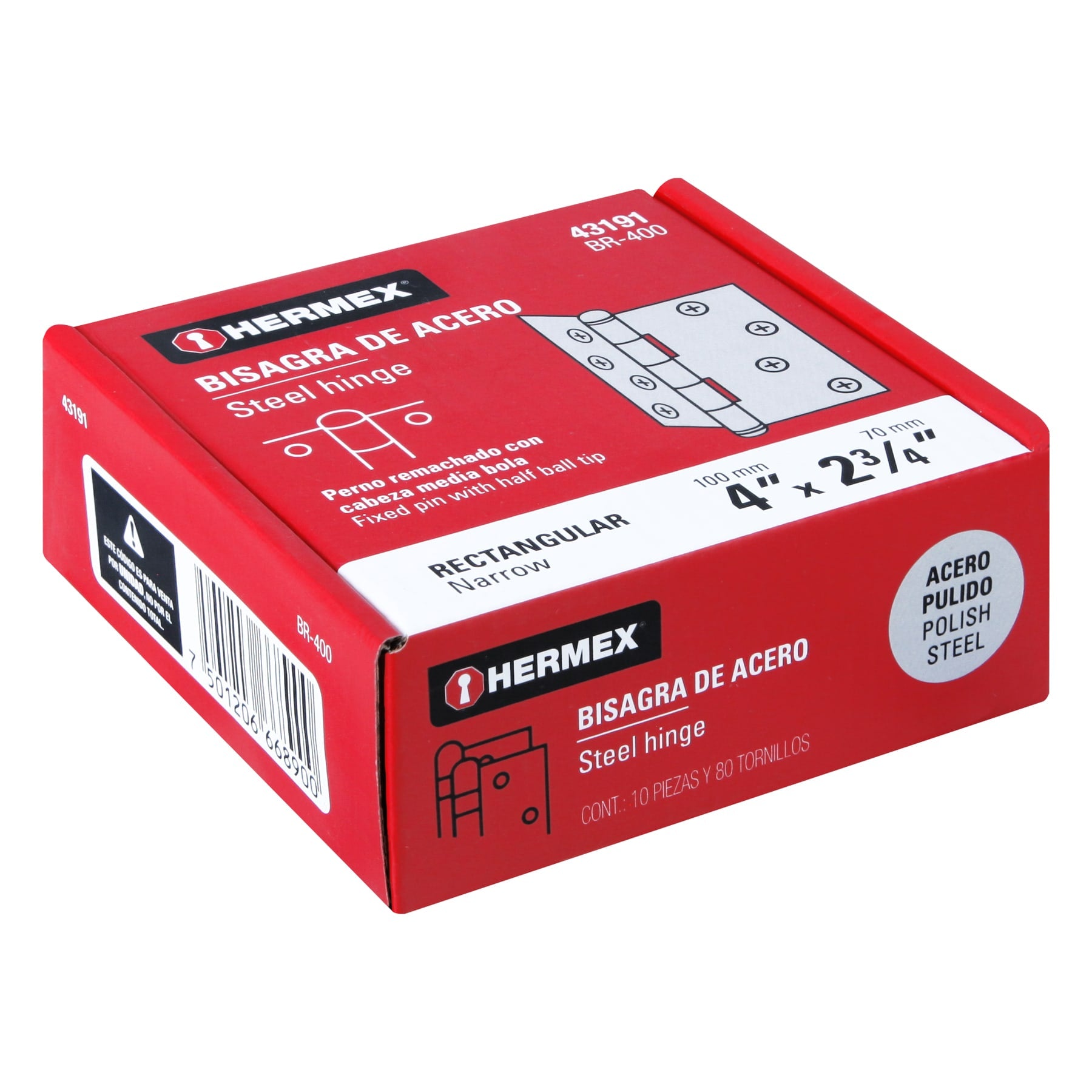 Bisagra rectangular 4" acero pulido, HERMEX