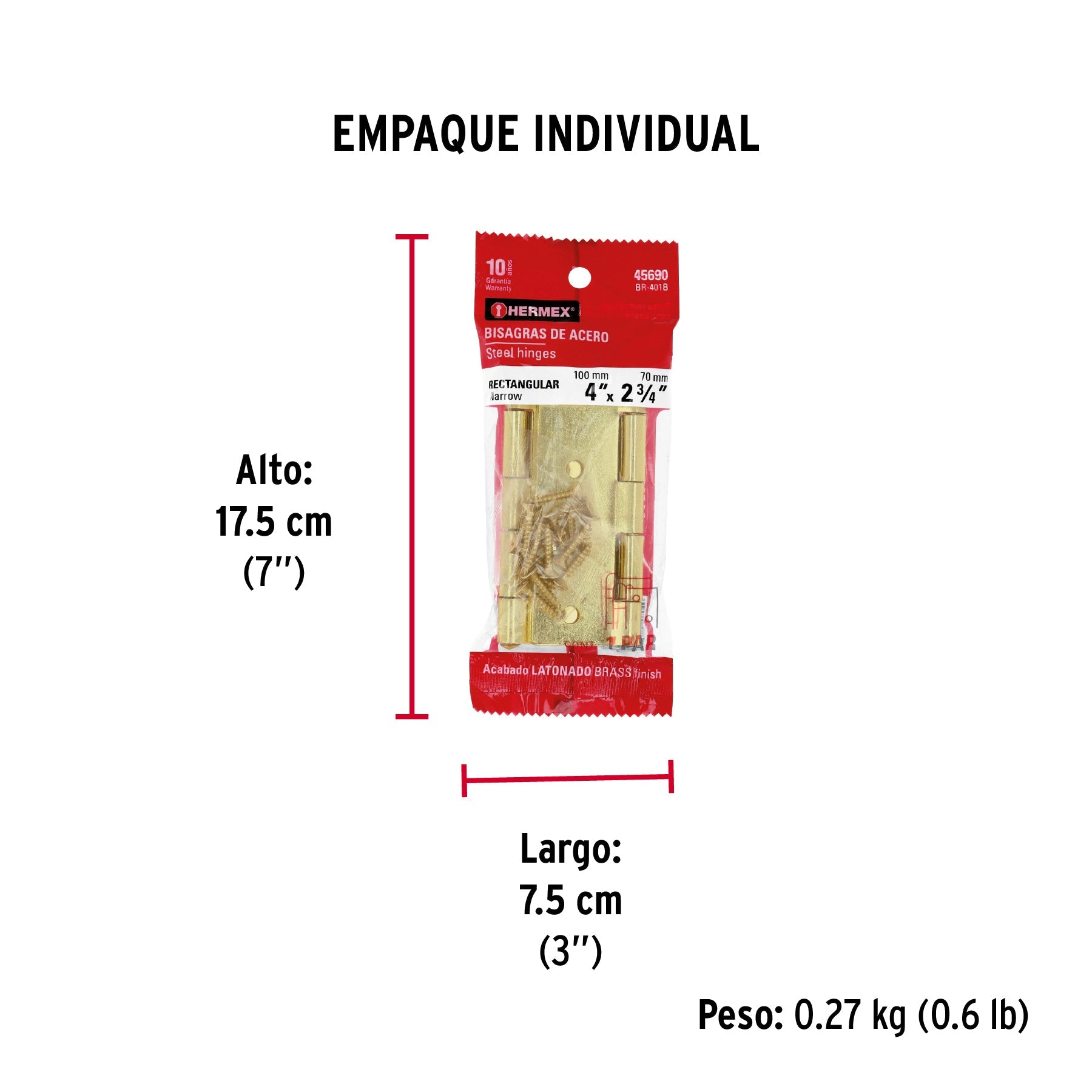 Bolsa con 2 bisagras rectangulares 4", acero latonado - Empaque
