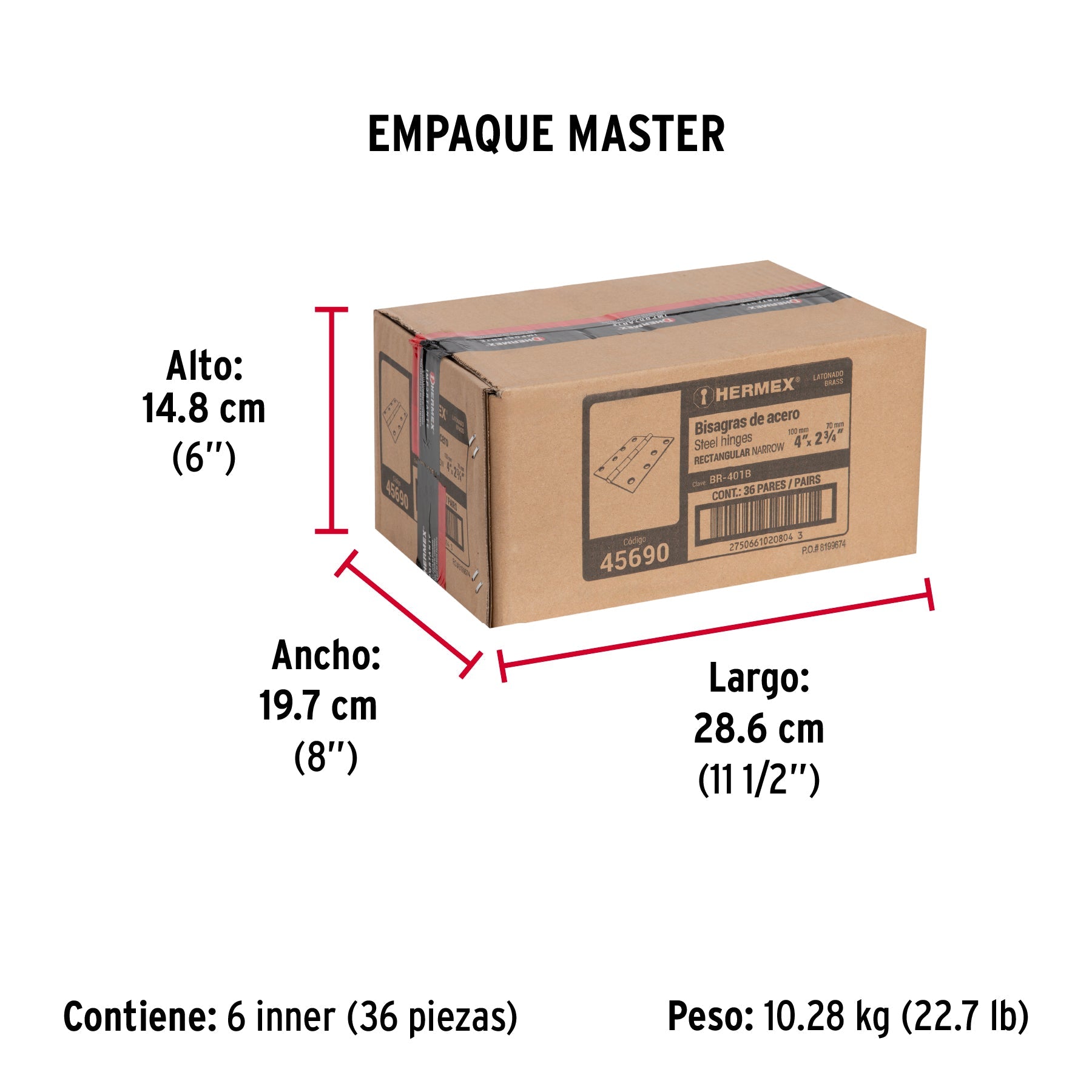 Bolsa con 2 bisagras rectangulares 4", acero latonado - Empaque