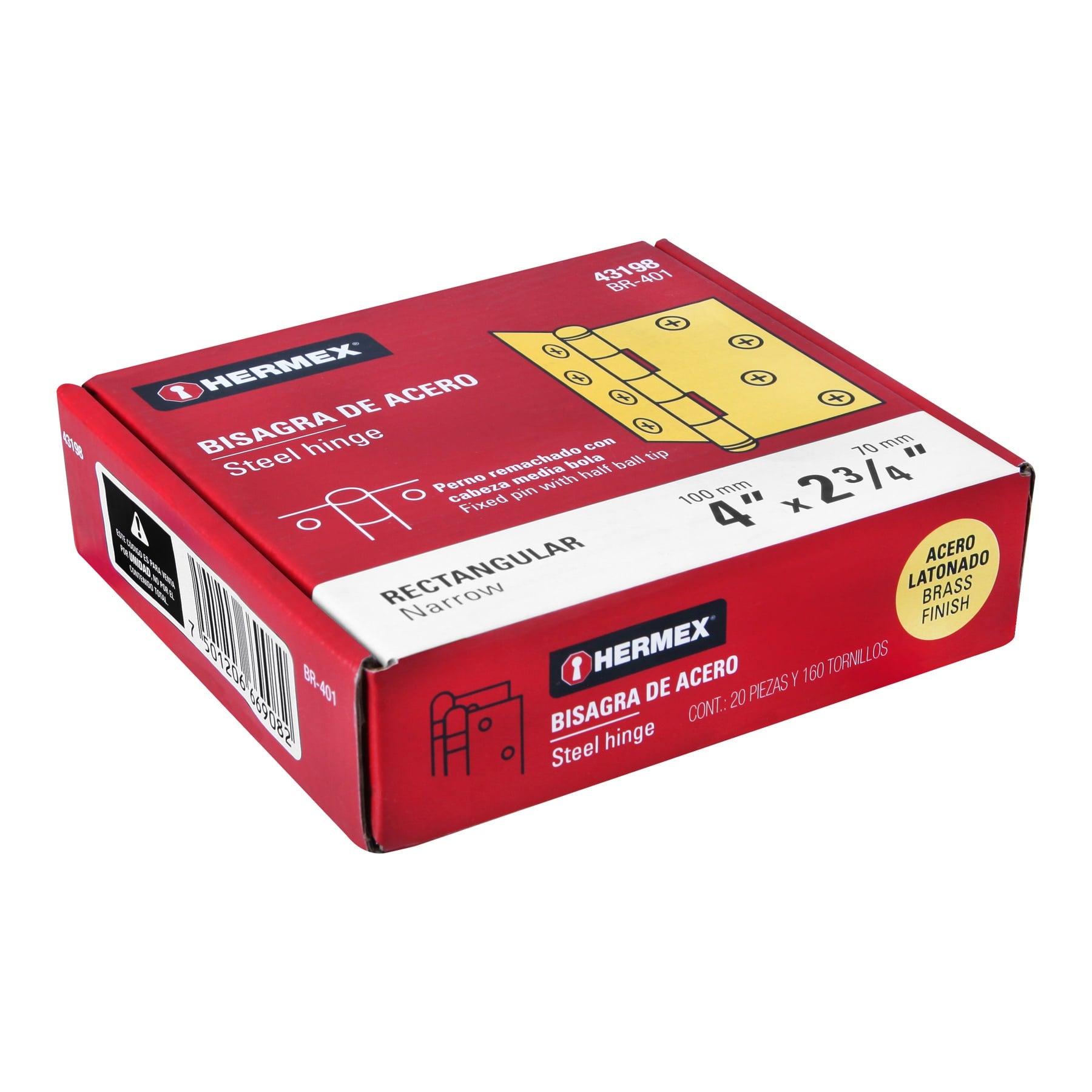 Bisagra rectangular 4" acero latonado, HERMEX