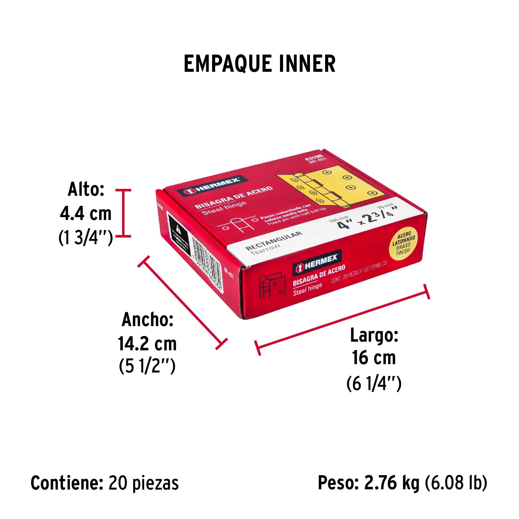 Bisagra rectangular 4" acero latonado, HERMEX - Empaque