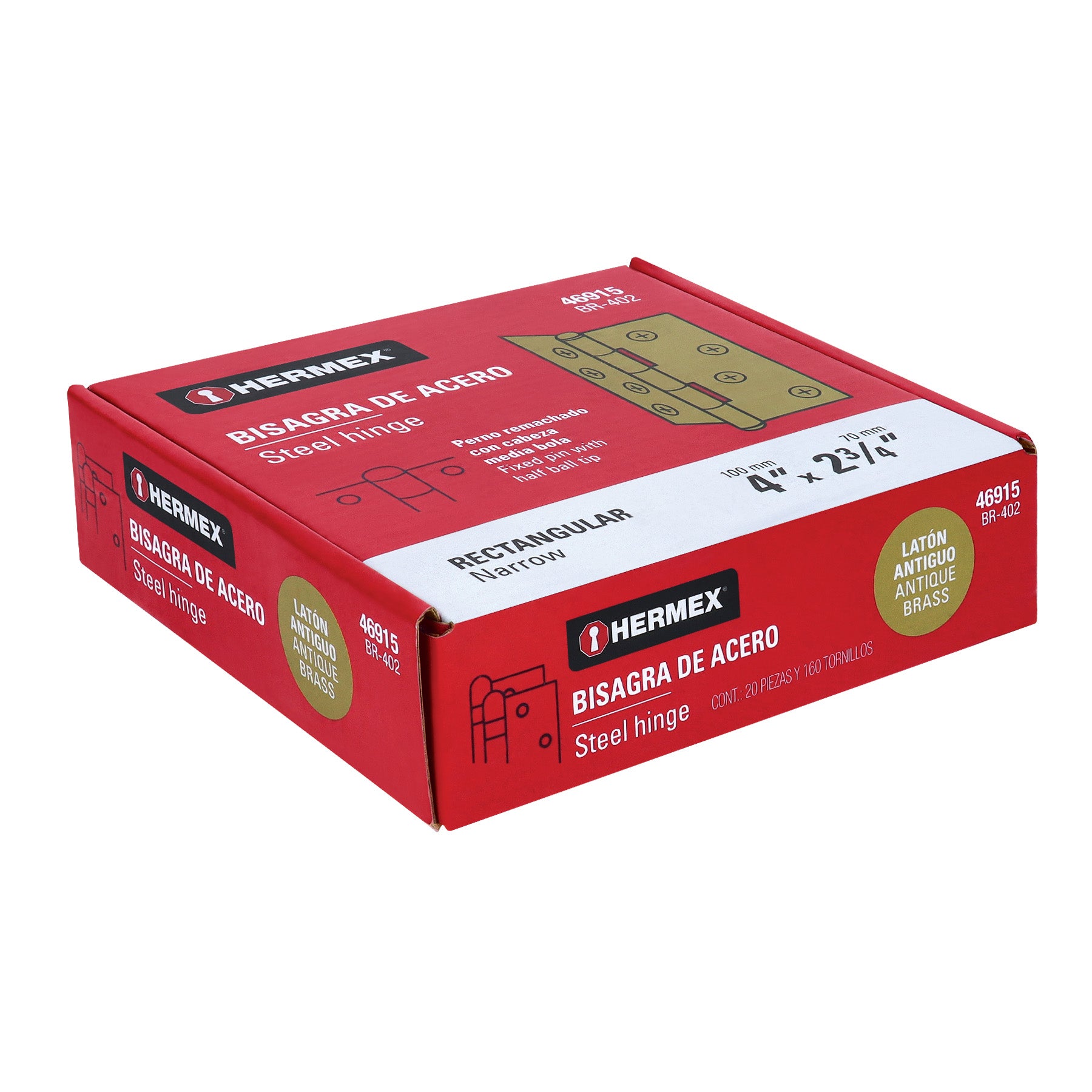 Bisagra rectangular 4" latón antiguo, HERMEX