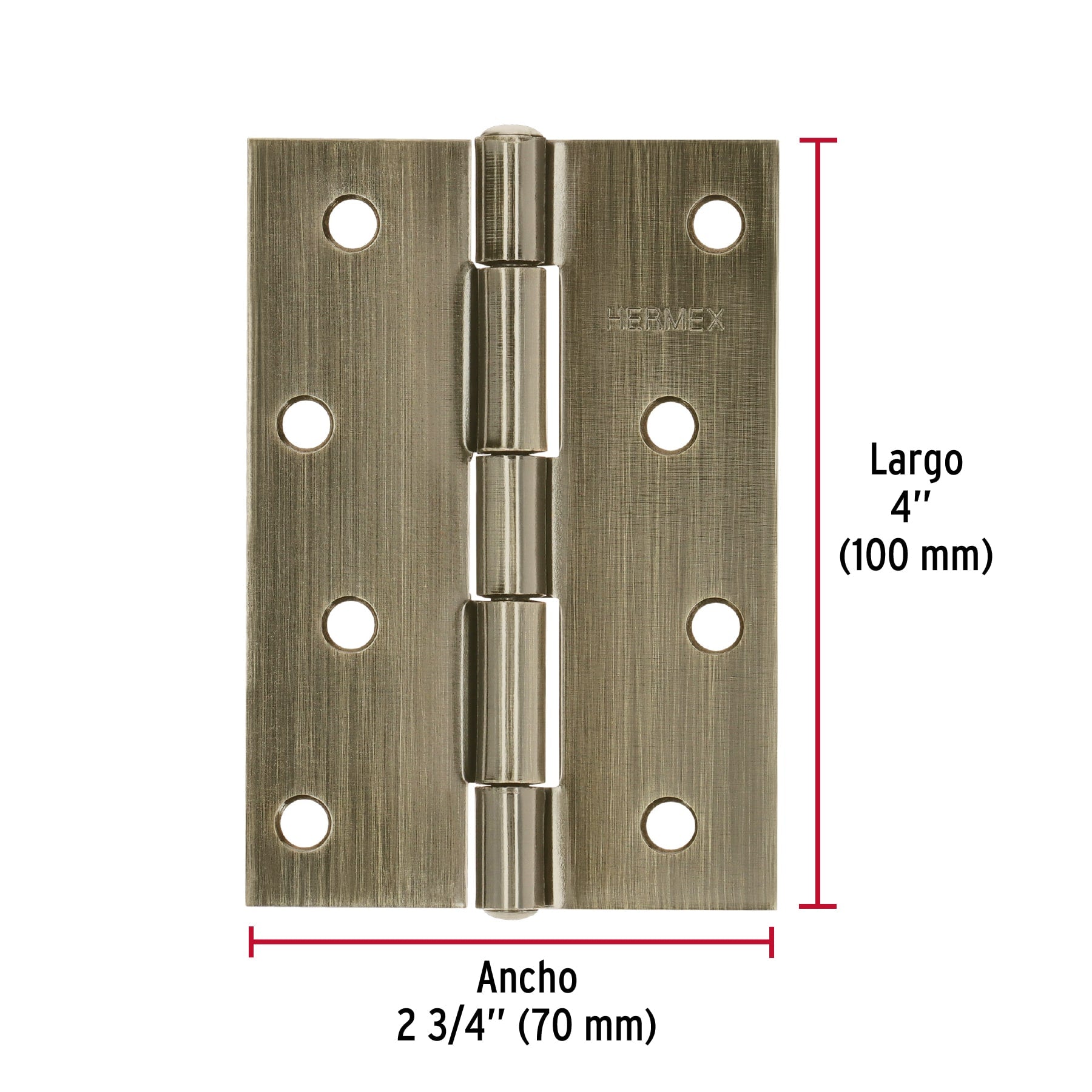 Bisagra rectangular 4" latón antiguo, HERMEX