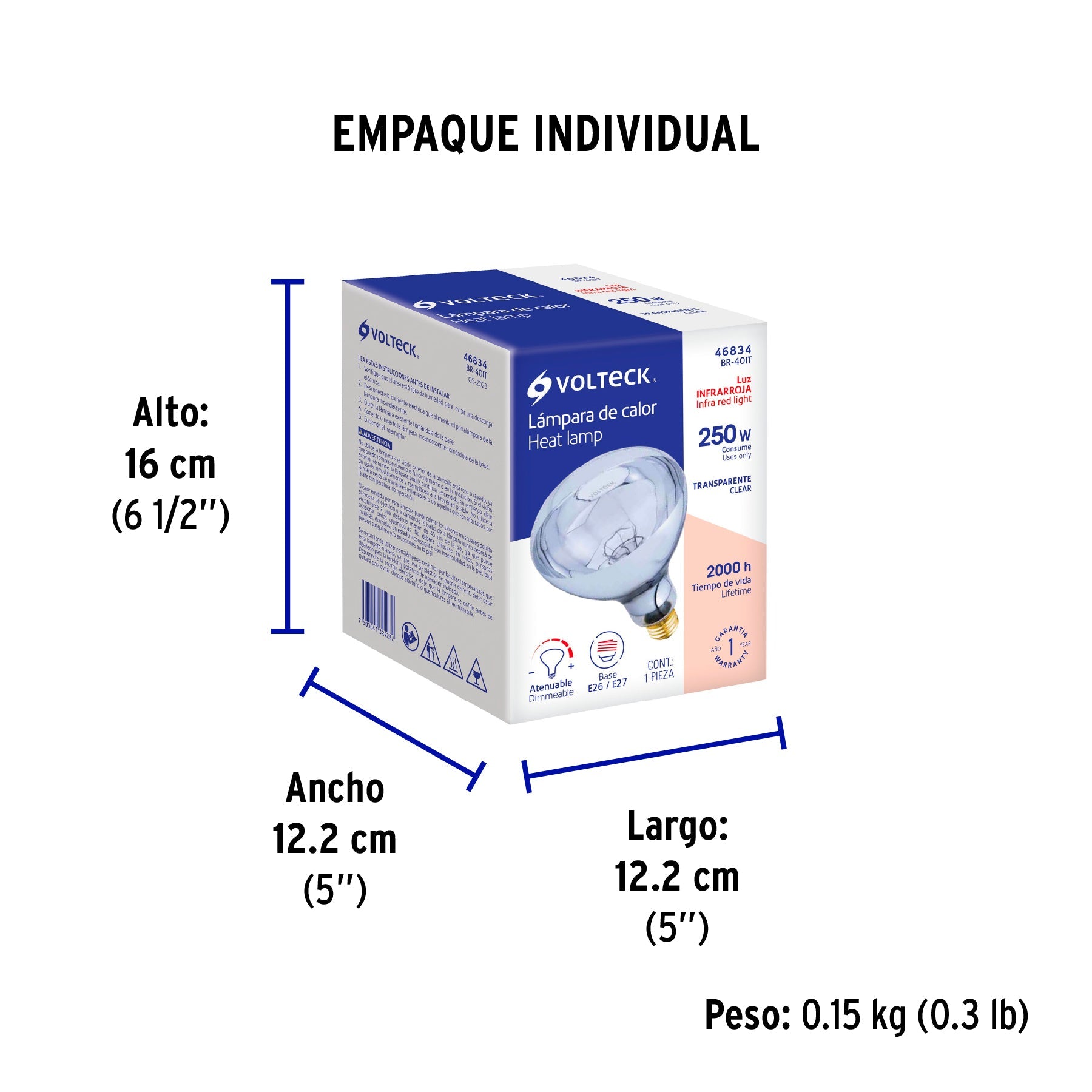 Lámpara incandescente de calor, BR40 250 Watts, transparente - Empaque