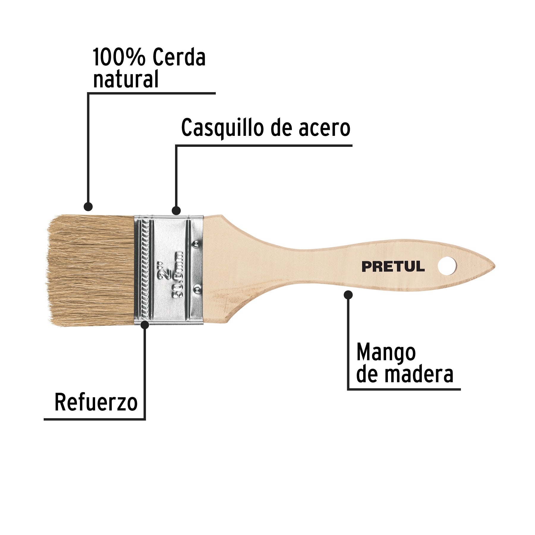 Brocha uso general de 2" con mango de madera, PRETUL