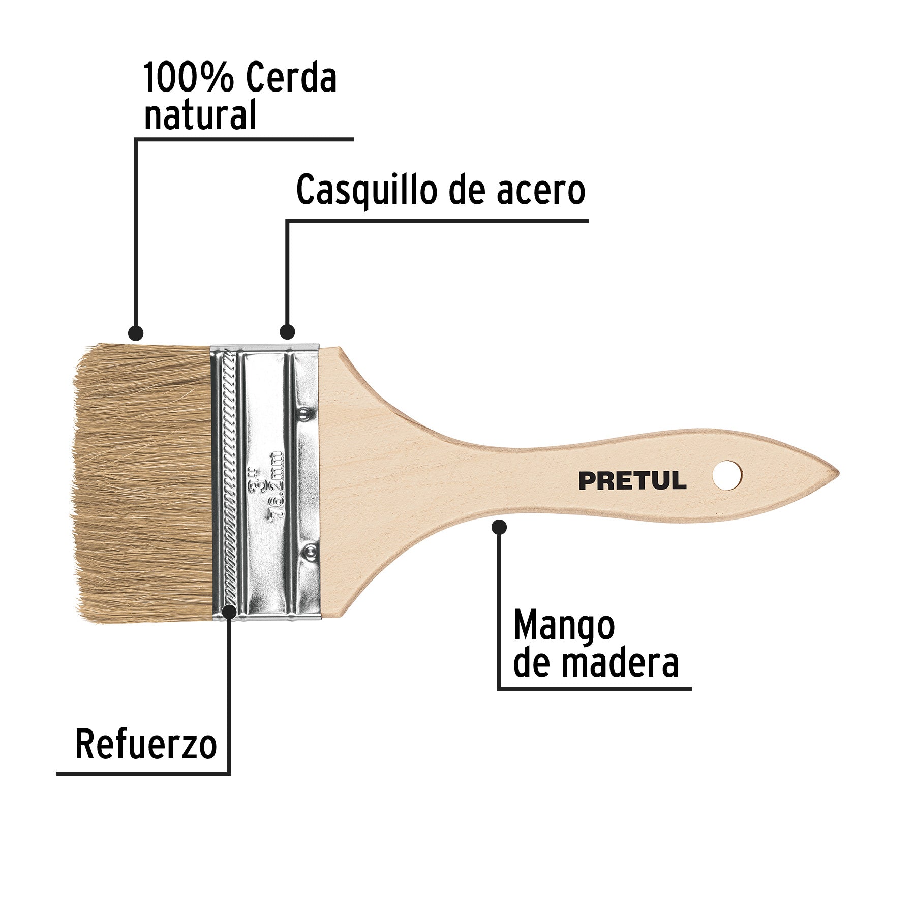 Brocha uso general de 3" con mango de madera, PRETUL