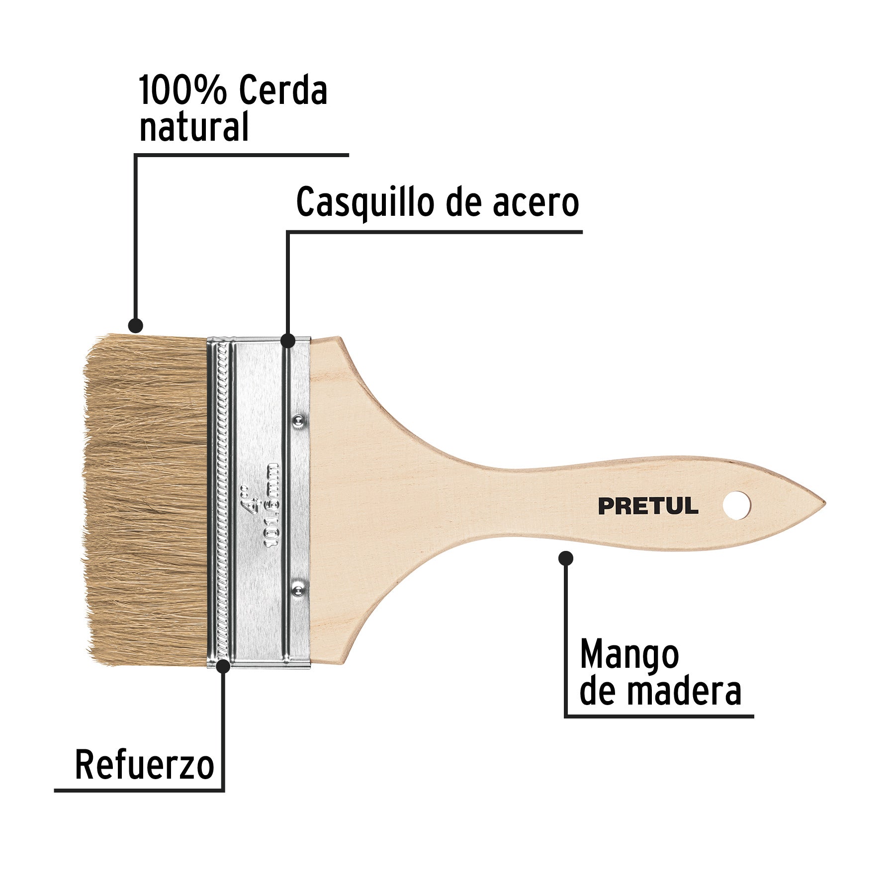 Brocha uso general de 4" con mango de madera, PRETUL