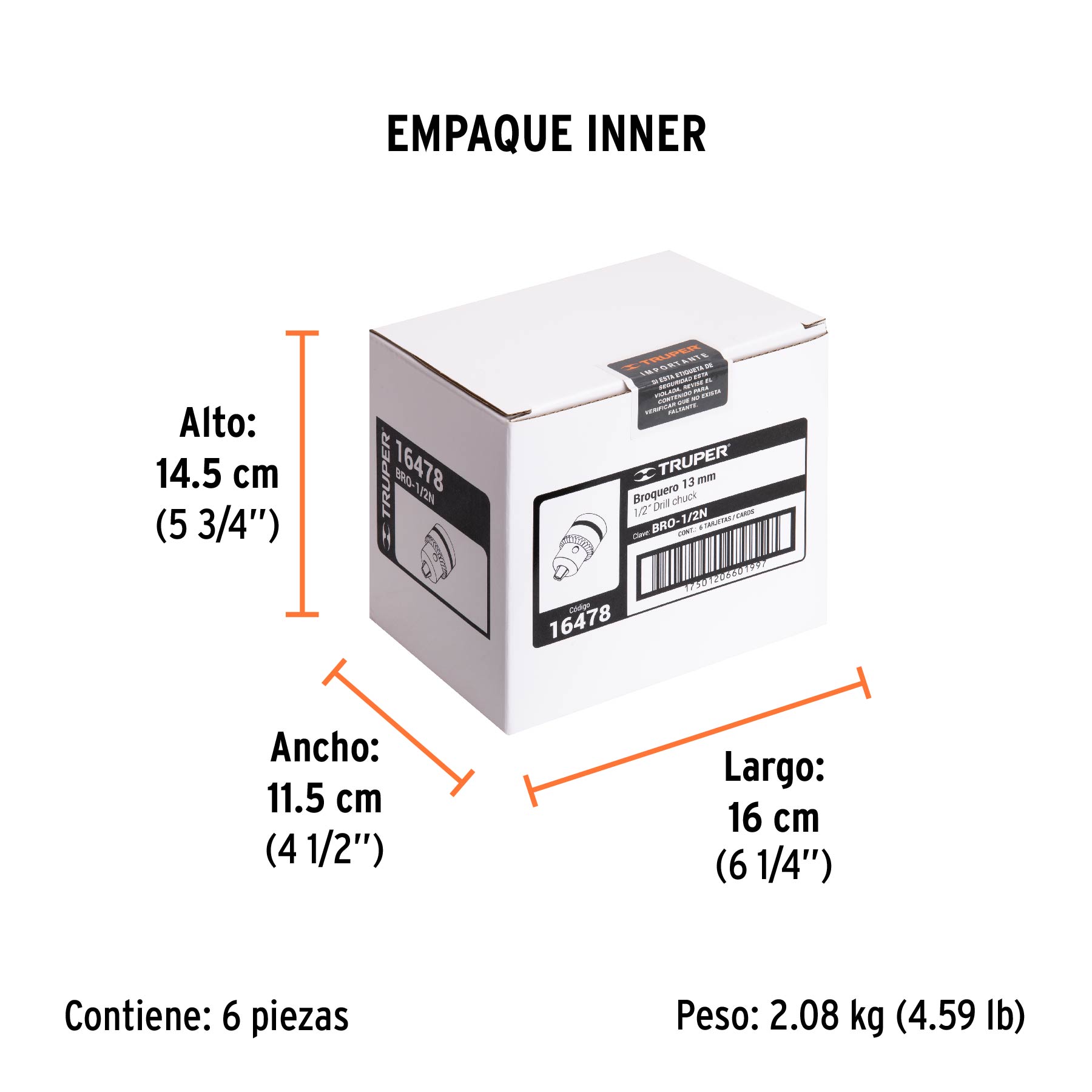 Broquero 1/2" con llave, cuerpo moleteado, TRUPER - Empaque