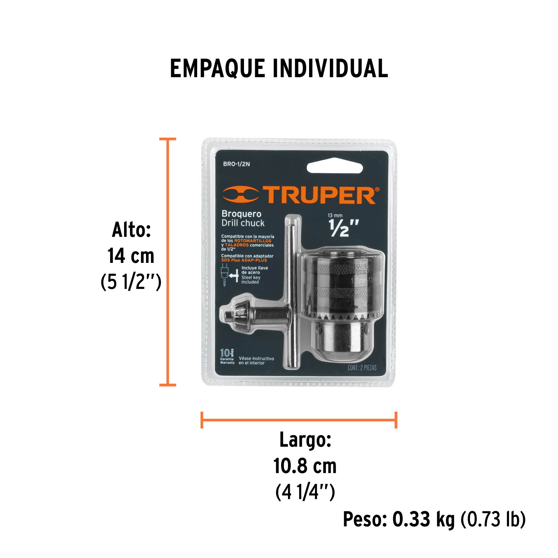 Broquero 1/2" con llave, cuerpo moleteado, TRUPER - Empaque