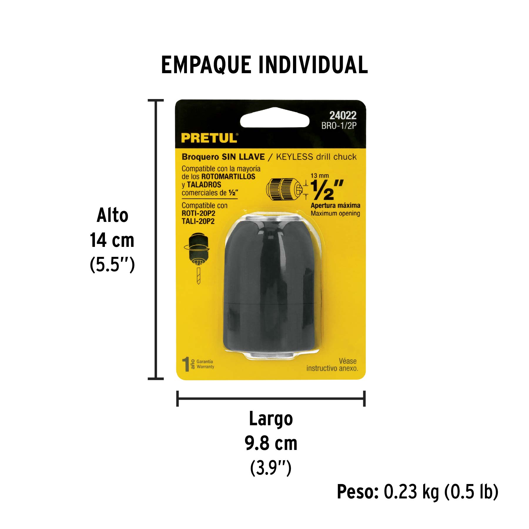Broquero 1/2" sin llave, para máquinas inalámbricas, PRETUL - Empaque