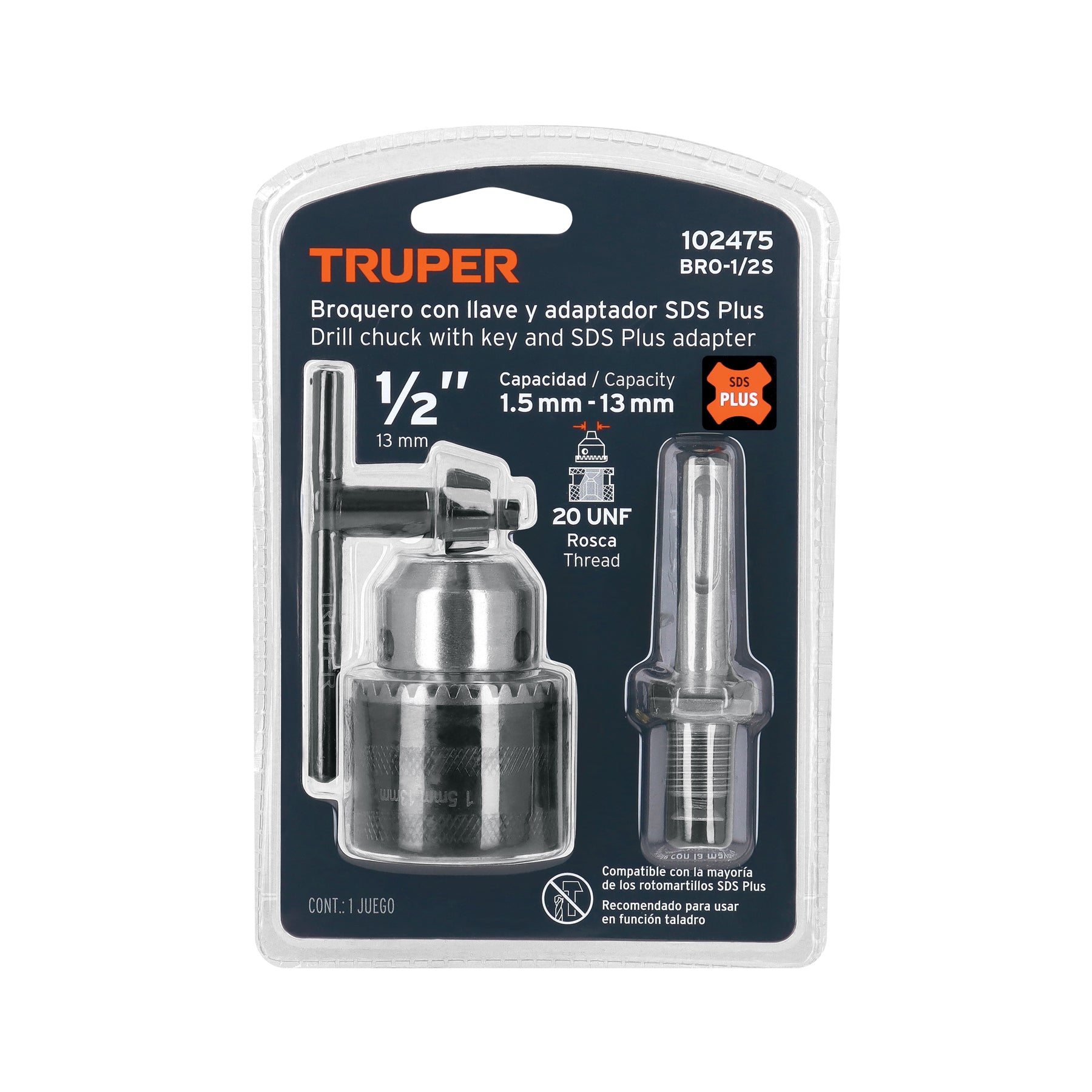 Broquero 1/2" con llave y adaptador SDS Plus, TRUPER