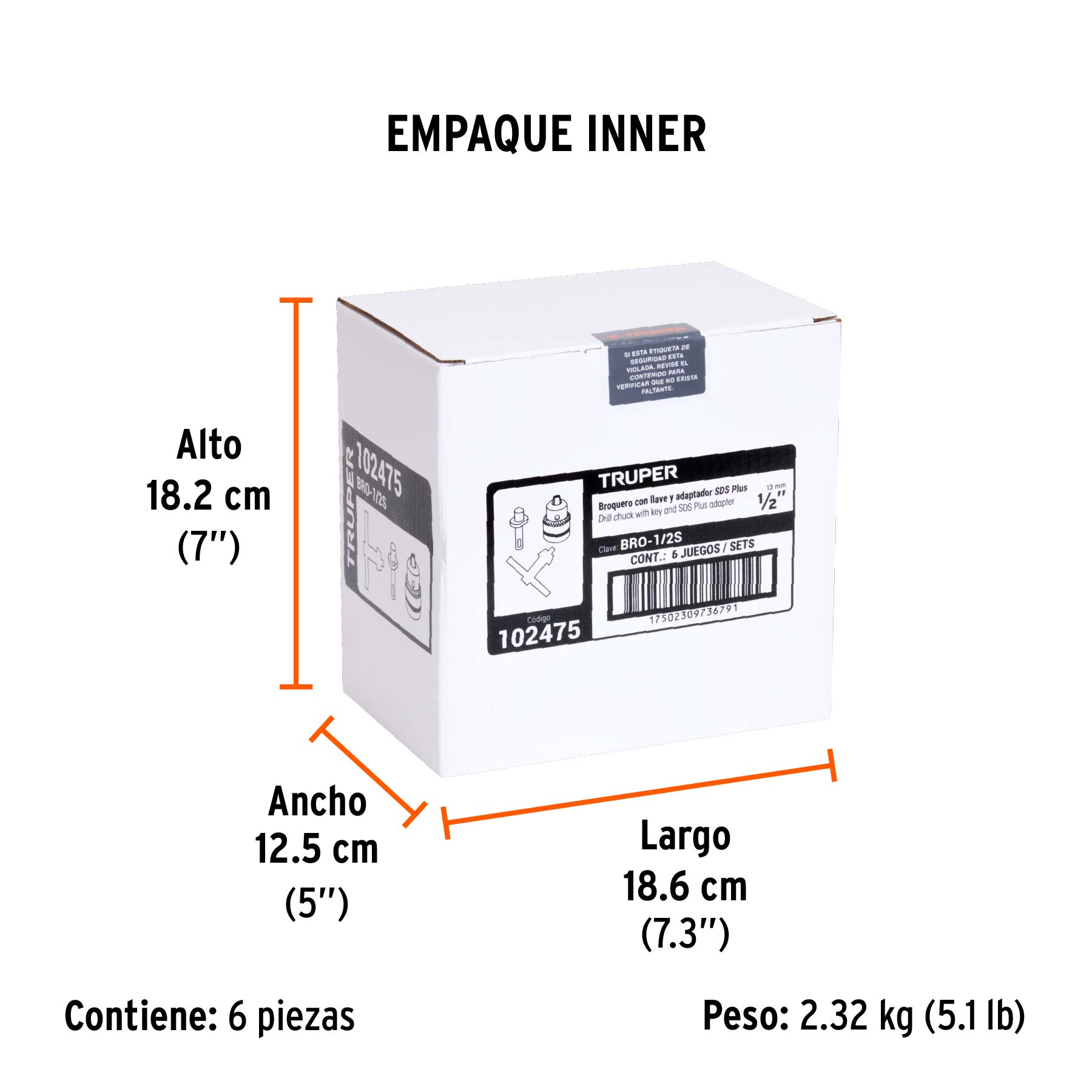 Broquero 1/2" con llave y adaptador SDS Plus, TRUPER - Empaque