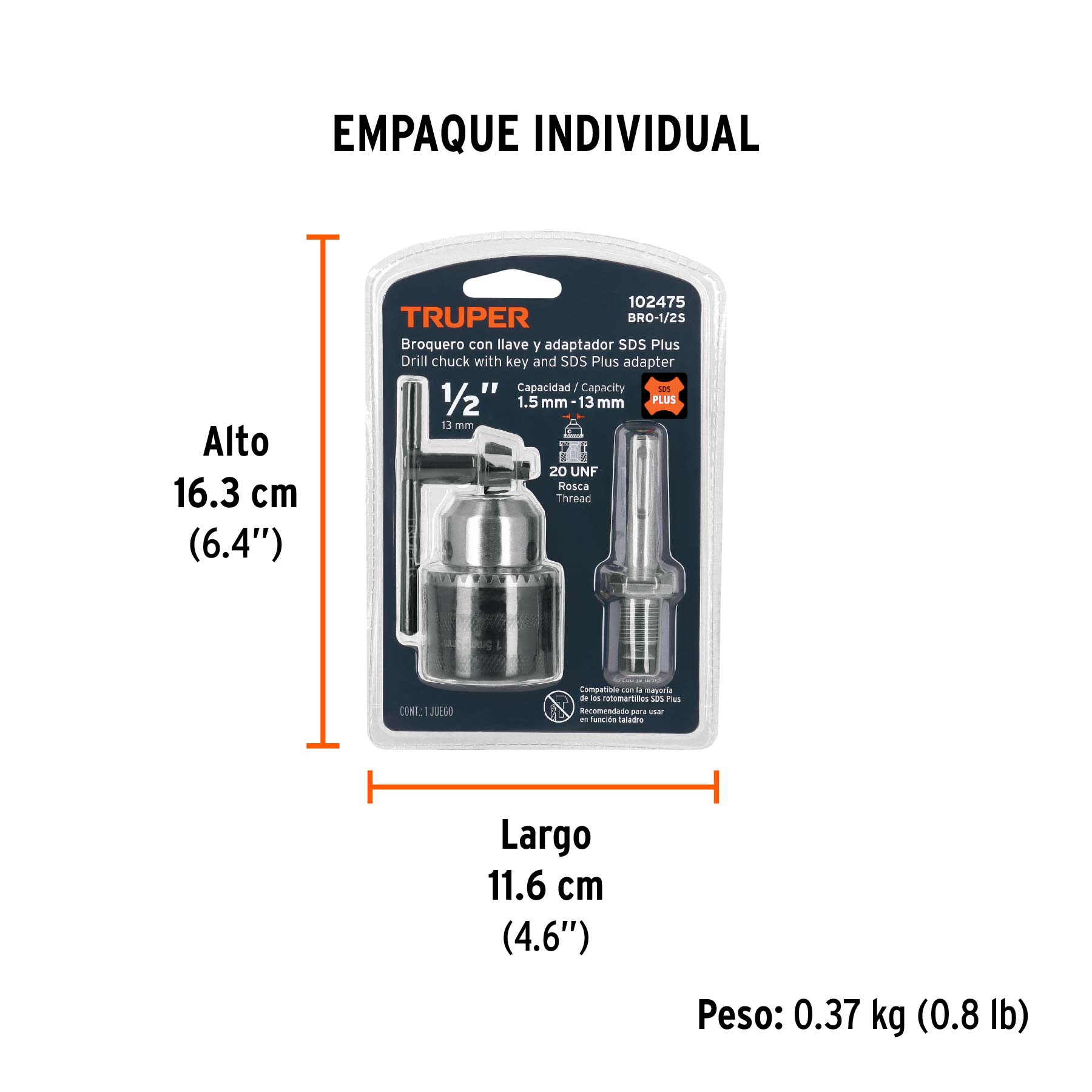 Broquero 1/2" con llave y adaptador SDS Plus, TRUPER - Empaque