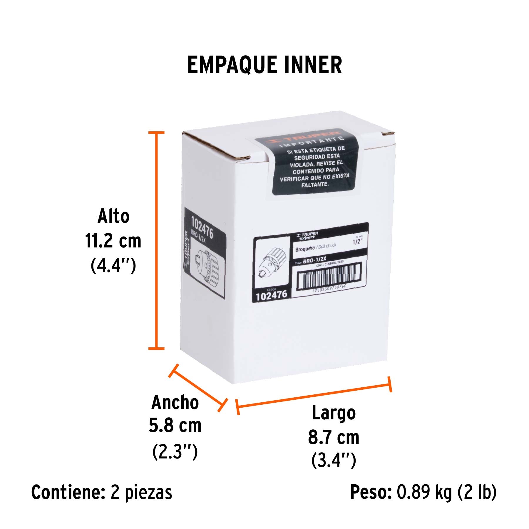 Broquero 1/2" con llave, cuerpo estriado, TRUPER EXPERT - Empaque