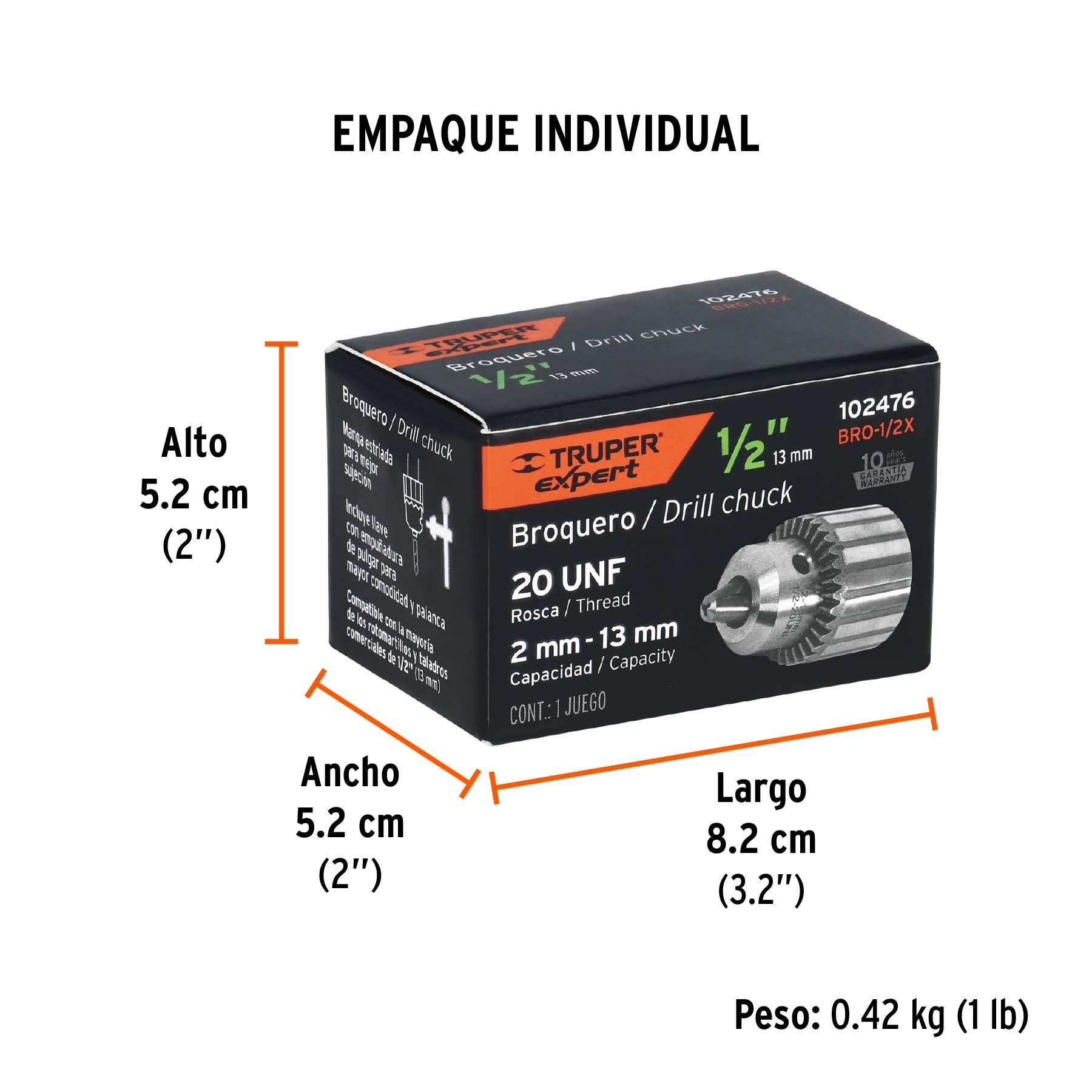 Broquero 1/2" con llave, cuerpo estriado, TRUPER EXPERT - Empaque
