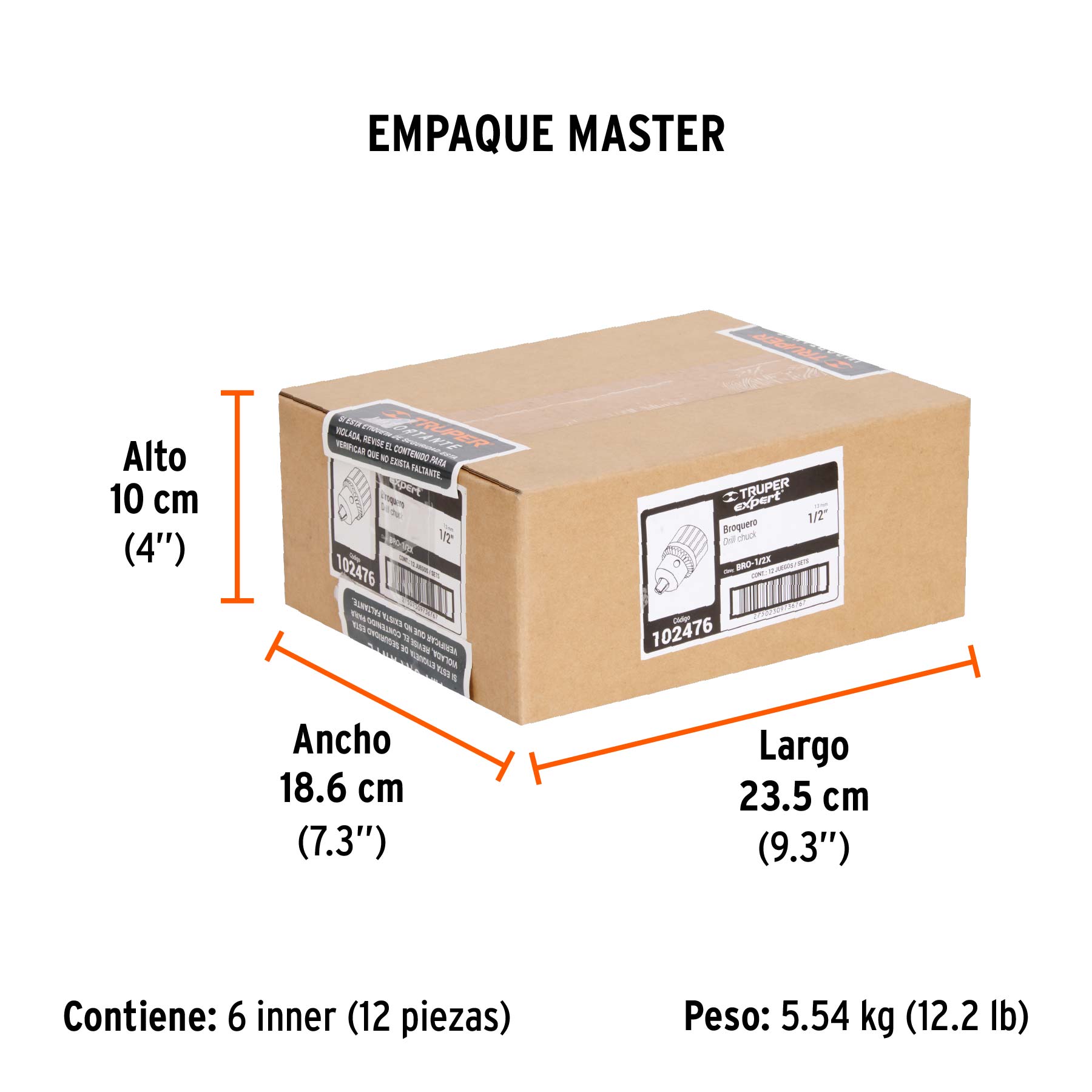 Broquero 1/2" con llave, cuerpo estriado, TRUPER EXPERT - Empaque